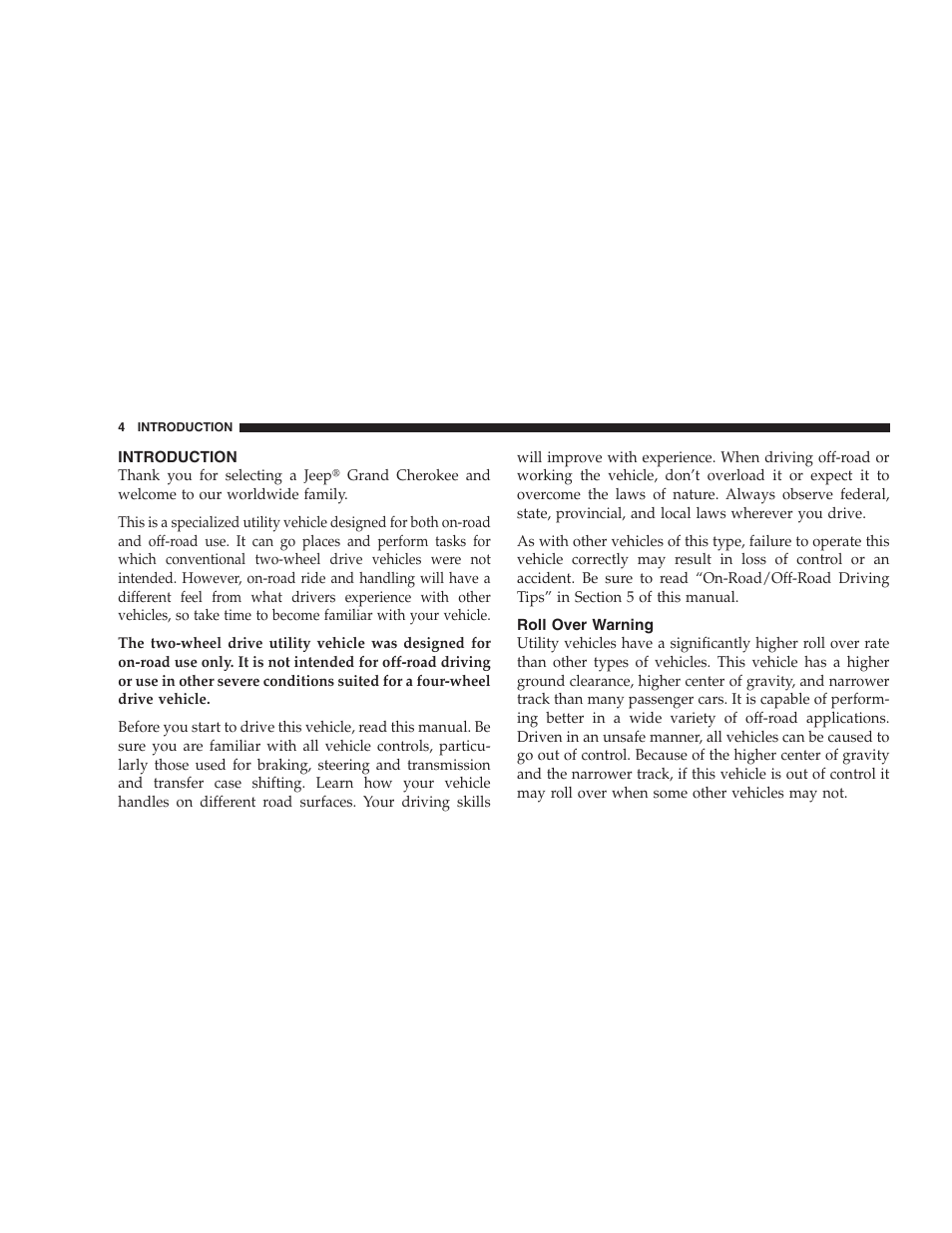 Introduction, Roll over warning | Jeep 2007 Grand Cherokee User Manual | Page 4 / 472