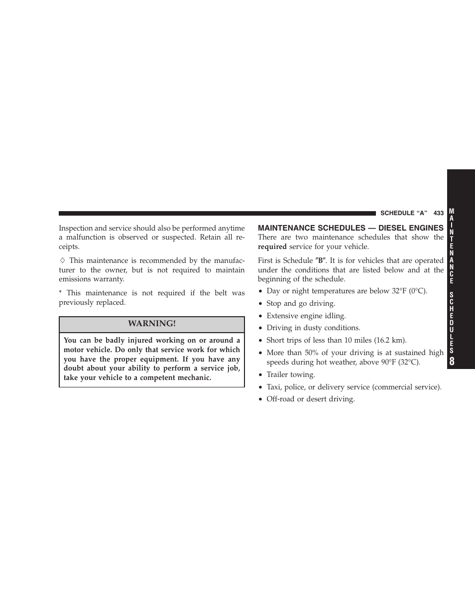 Maintenance schedules — diesel engines | Jeep 2007 Grand Cherokee User Manual | Page 433 / 472