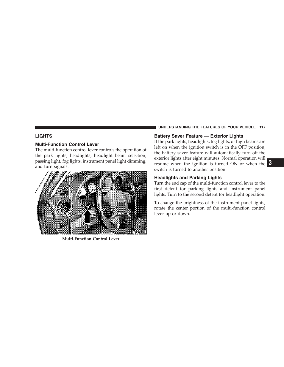 Lights, Multi-function control lever, Battery saver feature — exterior lights | Headlights and parking lights | Jeep 2007 Liberty User Manual | Page 117 / 417
