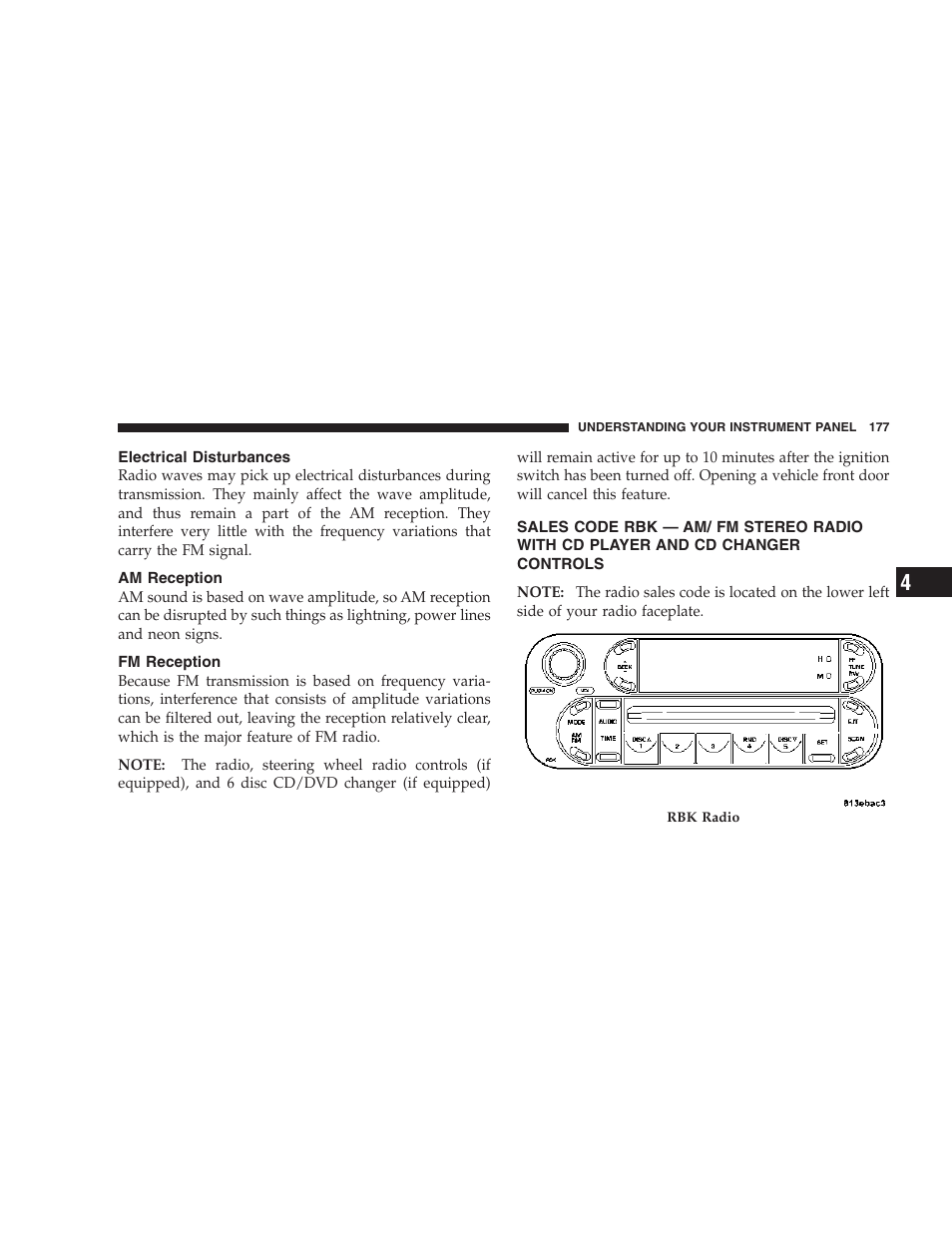 Electrical disturbances, Am reception, Fm reception | Sales code rbk — am/ fm stereo radio, With cd player and cd changer controls | Jeep 2007 Liberty User Manual | Page 177 / 417