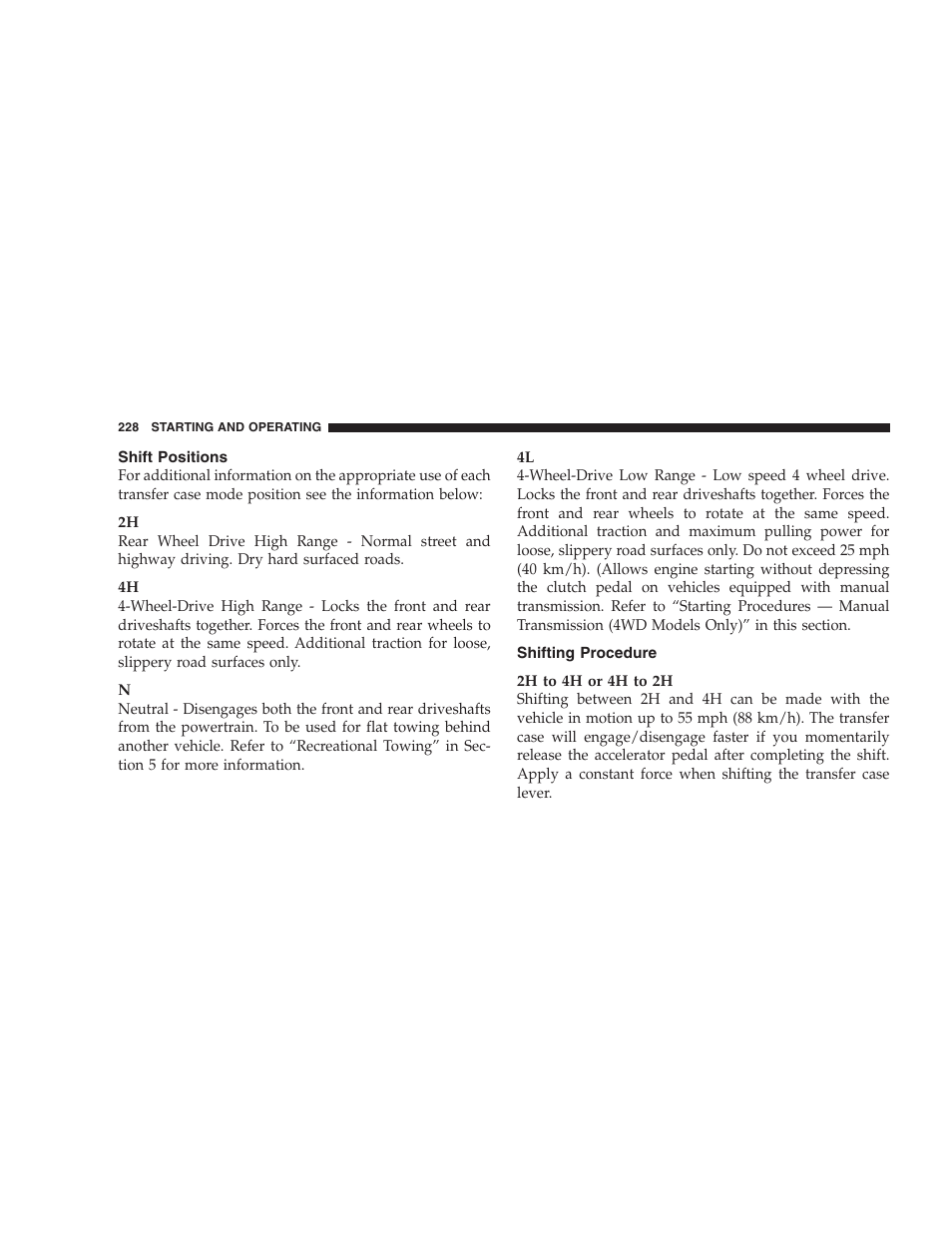 Shift positions, Shifting procedure | Jeep 2007 Liberty User Manual | Page 228 / 417