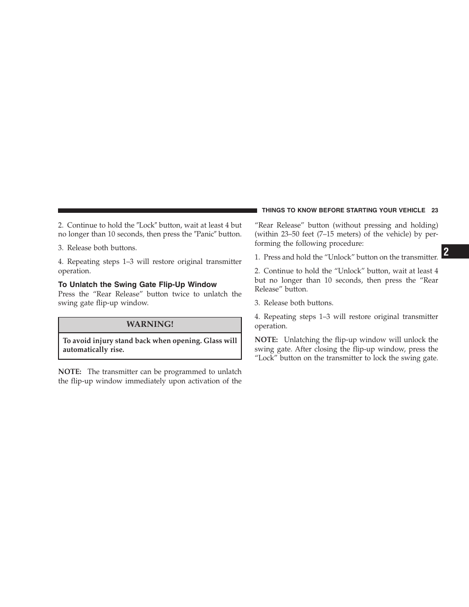 To unlatch the swing gate flip-up window | Jeep 2007 Liberty User Manual | Page 23 / 417