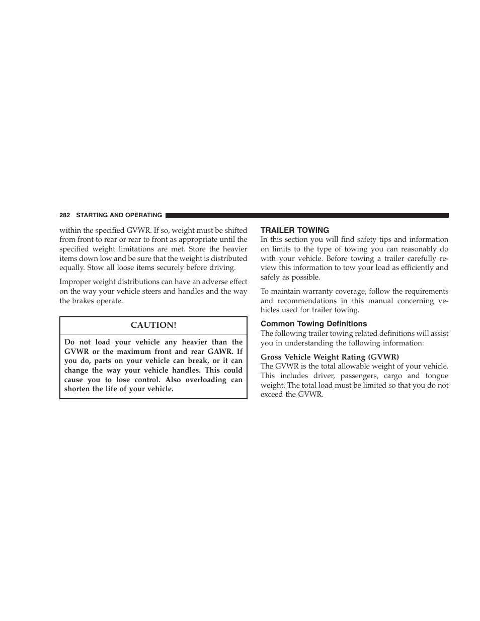 Trailer towing, Common towing definitions | Jeep 2007 Liberty User Manual | Page 282 / 417