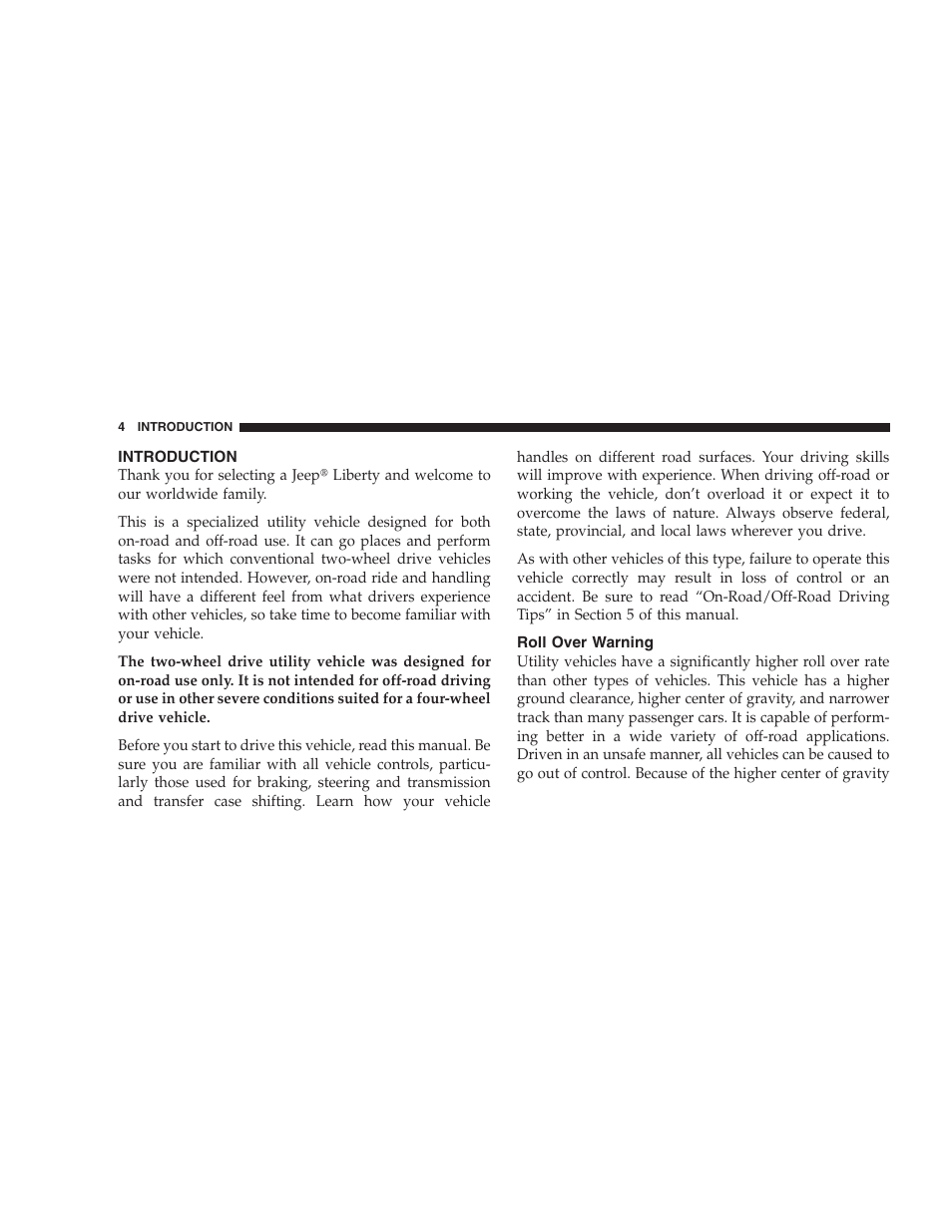 Introduction, Roll over warning | Jeep 2007 Liberty User Manual | Page 4 / 417