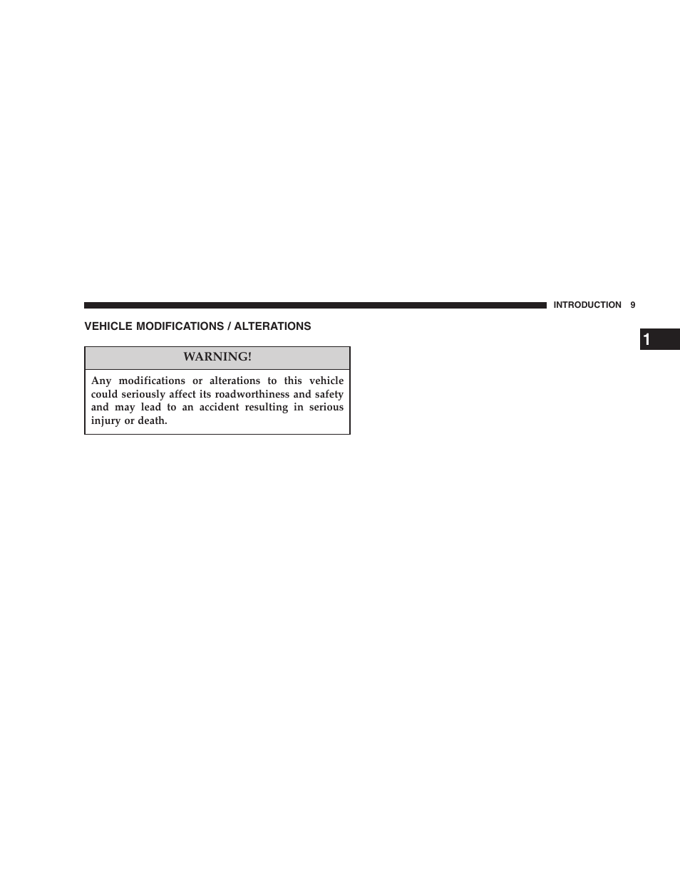 Vehicle modifications / alterations | Jeep 2007 Liberty User Manual | Page 9 / 417