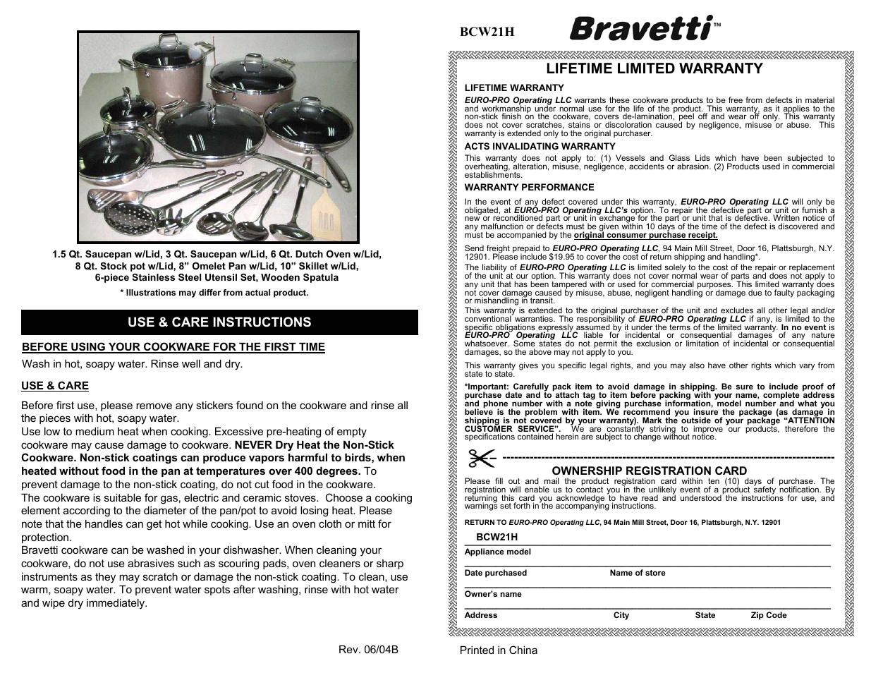 Lifetime limited warranty, Bcw21h use & care instructions | Bravetti BCW21H User Manual | Page 2 / 2