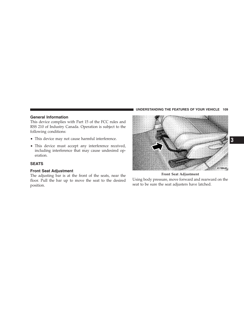 General information, Seats, Front seat adjustment | Jeep 2008 Patriot User Manual | Page 111 / 438