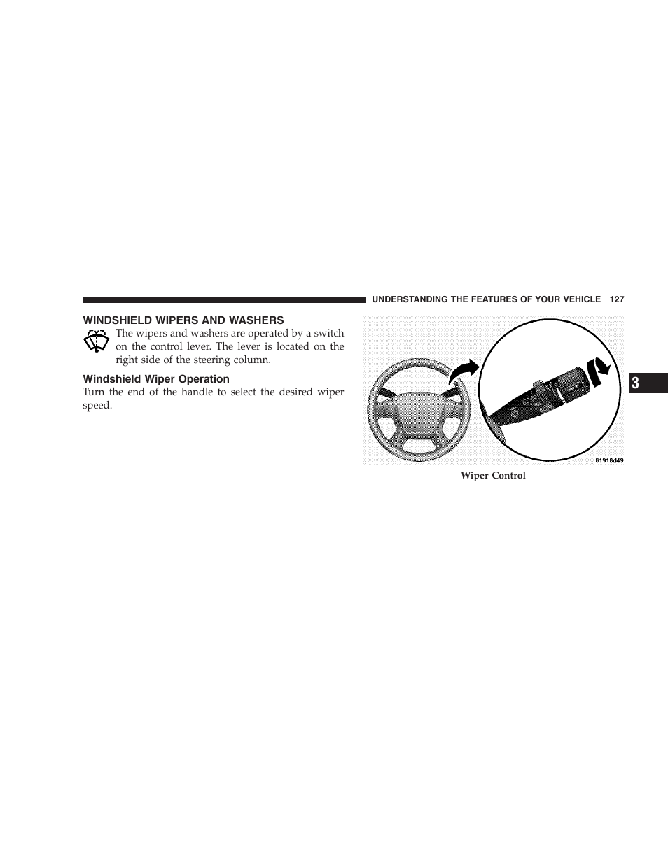 Windshield wipers and washers, Windshield wiper operation | Jeep 2008 Patriot User Manual | Page 129 / 438