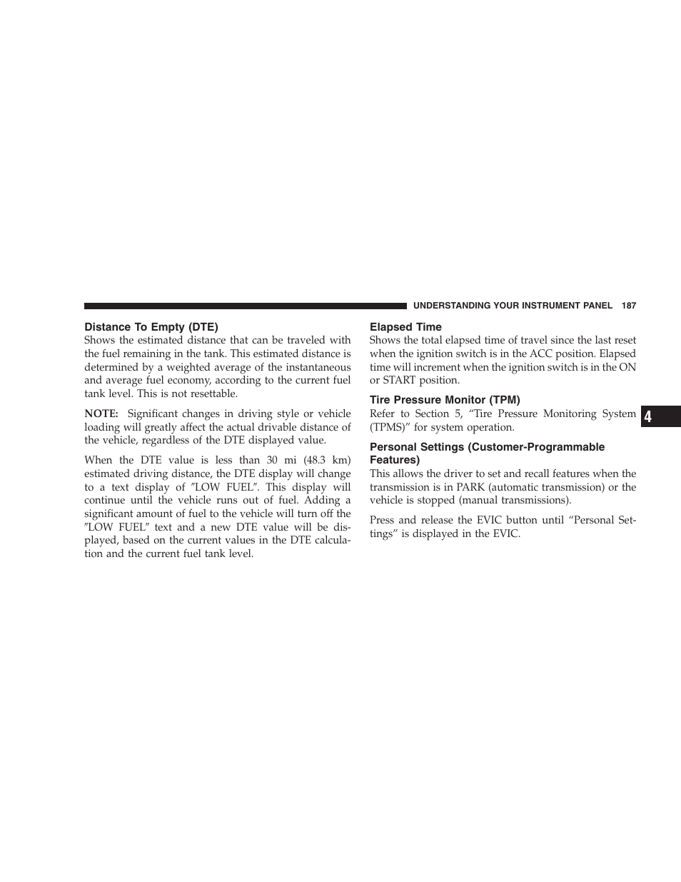 Distance to empty (dte), Elapsed time, Tire pressure monitor (tpm) | Personal settings (customer-programmable features) | Jeep 2008 Patriot User Manual | Page 189 / 438