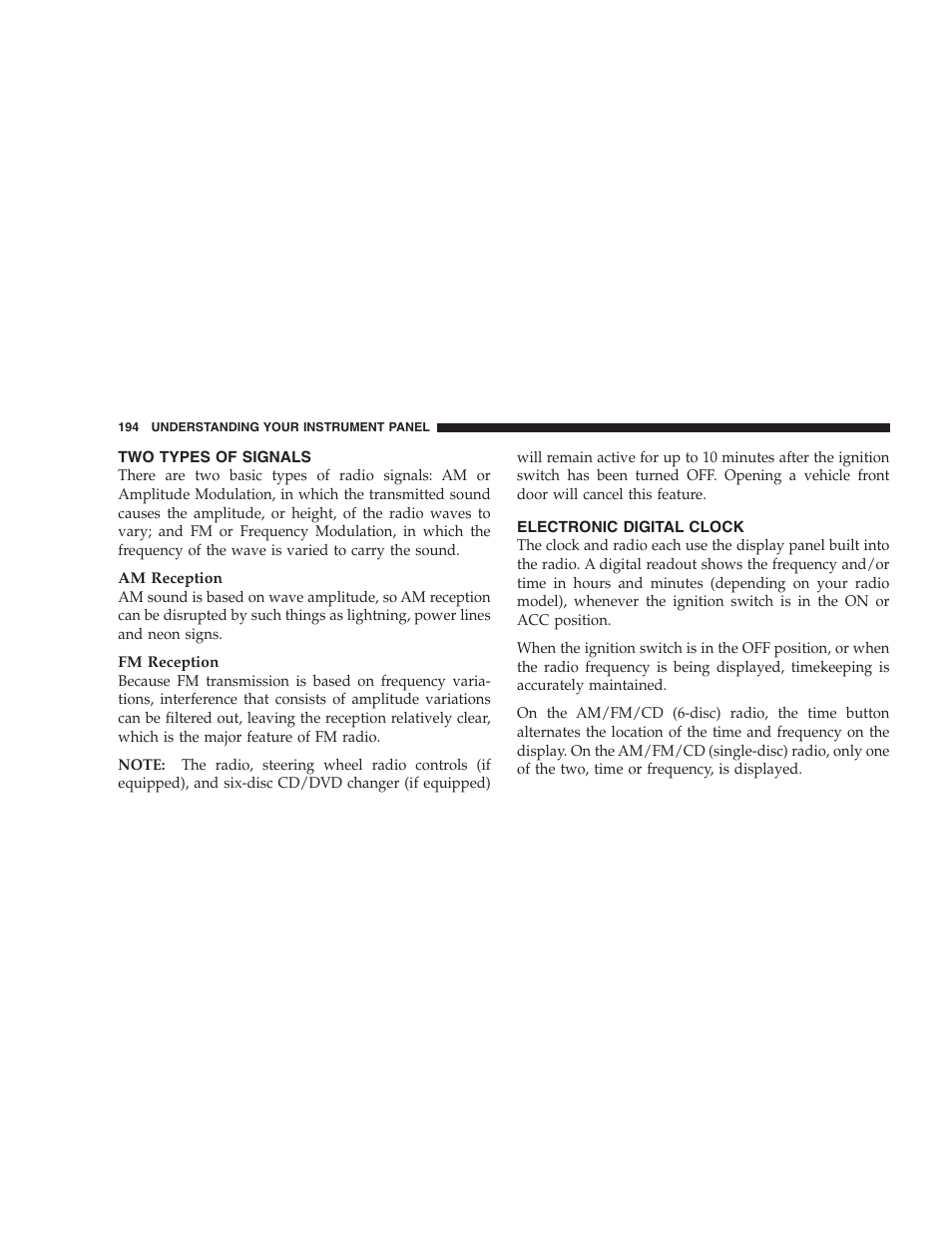 Two types of signals, Electronic digital clock | Jeep 2008 Patriot User Manual | Page 196 / 438