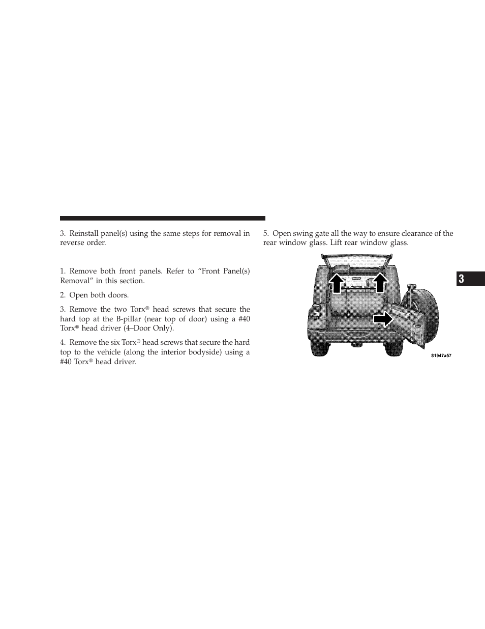 Rear hard top removal | Jeep 2008 Wrangler User Manual | Page 130 / 466