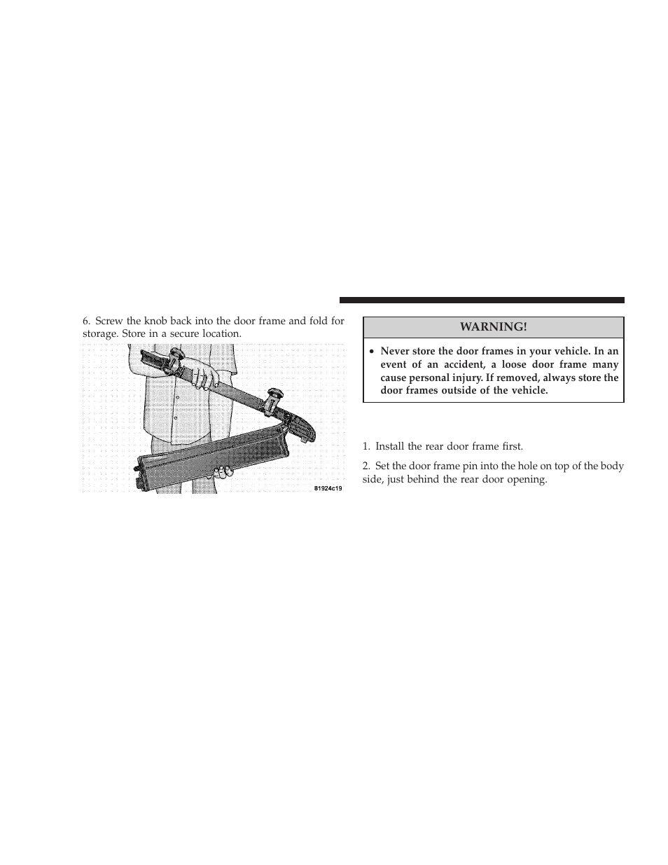 Door frame installation (four-door models) | Jeep 2008 Wrangler User Manual | Page 139 / 466