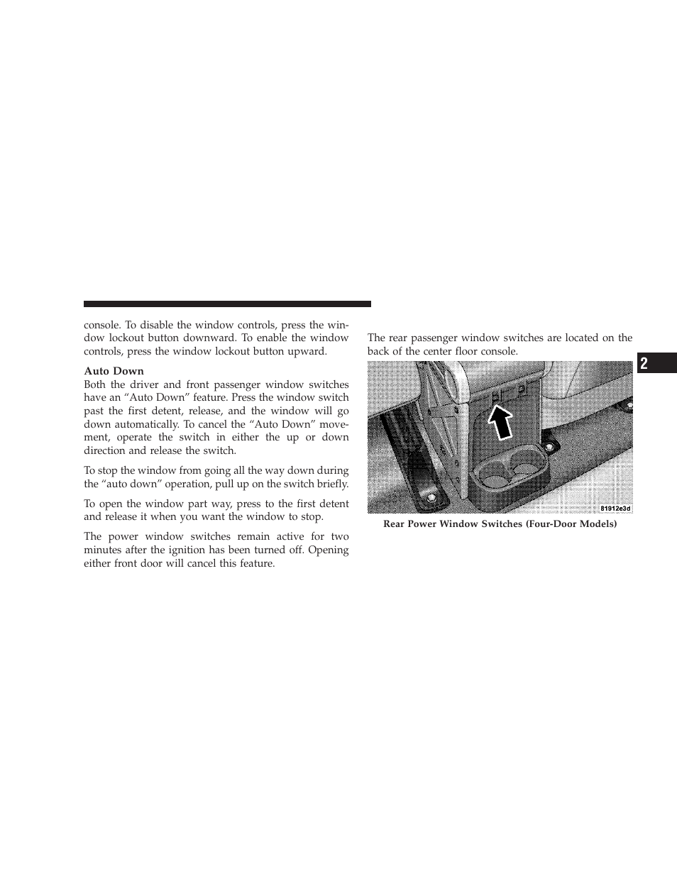Rear power windows (four-door models only), Rear power windows (four-door, Models only) | Jeep 2008 Wrangler User Manual | Page 38 / 466
