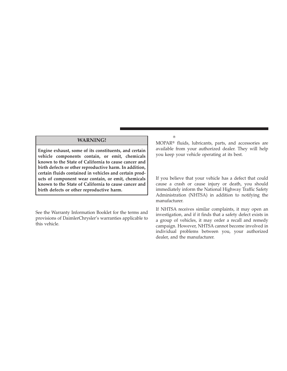 Warranty information (u.s. vehicles only), Mopar parts, Reporting safety defects | In the 50 united states and washington, d.c, Mopar௡ parts, In the 50 united states and, Washington, d.c | Jeep 2008 Wrangler User Manual | Page 441 / 466