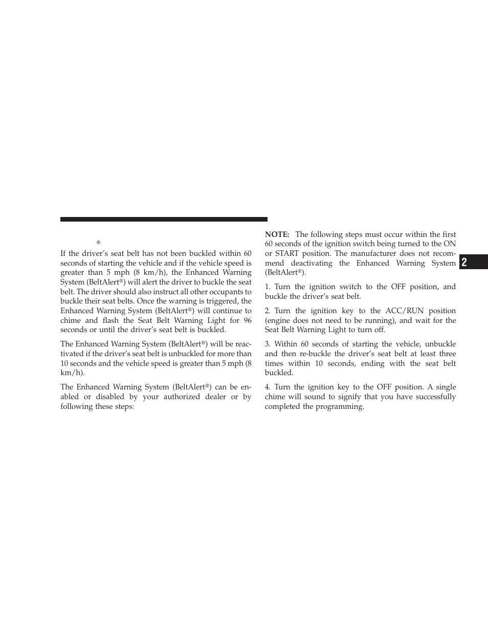 Enhanced seat belt use reminder system (beltalert), Enhanced seat belt use reminder system, Beltalert | Jeep 2008 Wrangler User Manual | Page 50 / 466
