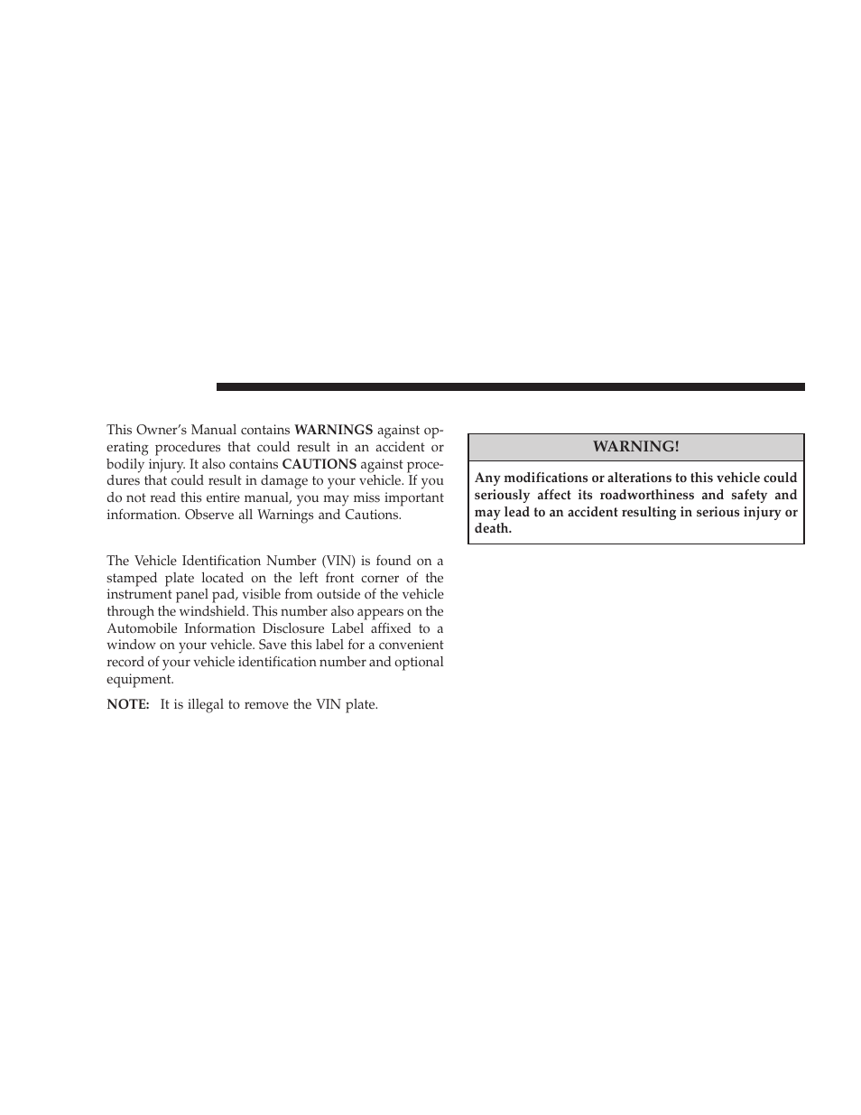 Warnings and cautions, Vehicle identification number, Vehicle modifications/alterations | Jeep 2008 Wrangler User Manual | Page 9 / 466