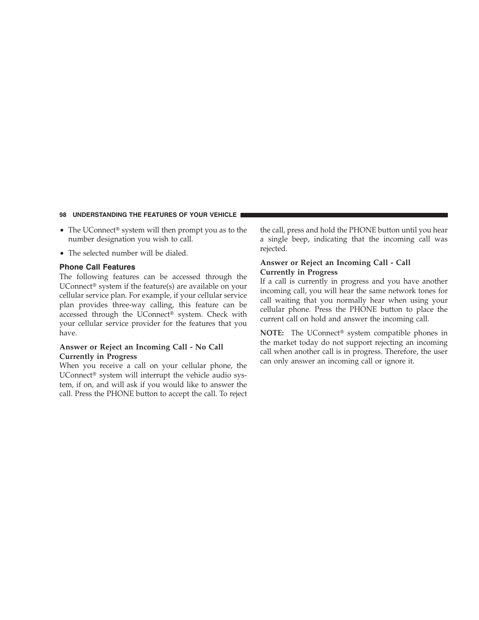 Phone call features | Jeep 2009 Commander User Manual | Page 100 / 519
