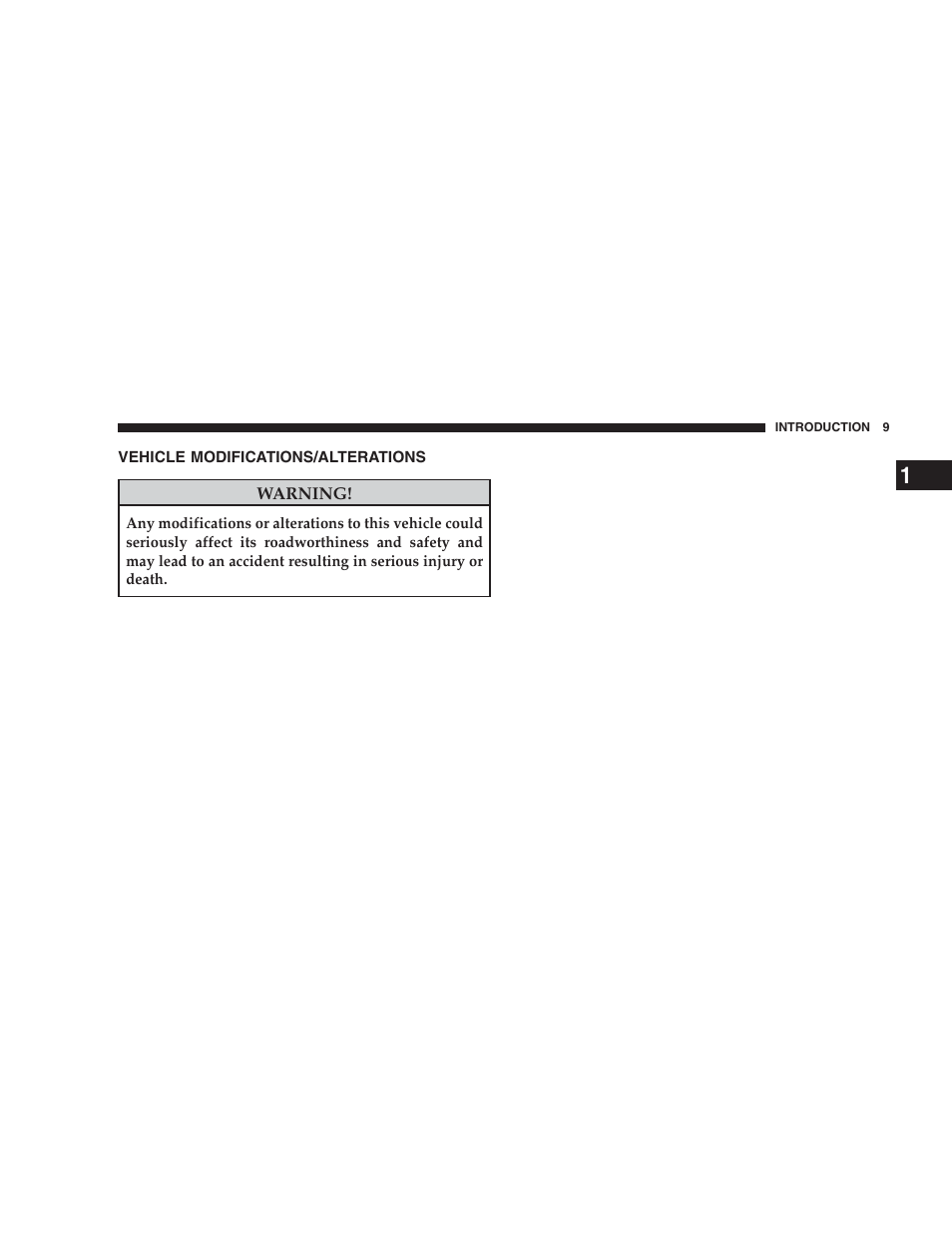 Vehicle modifications/alterations | Jeep 2009 Commander User Manual | Page 11 / 519