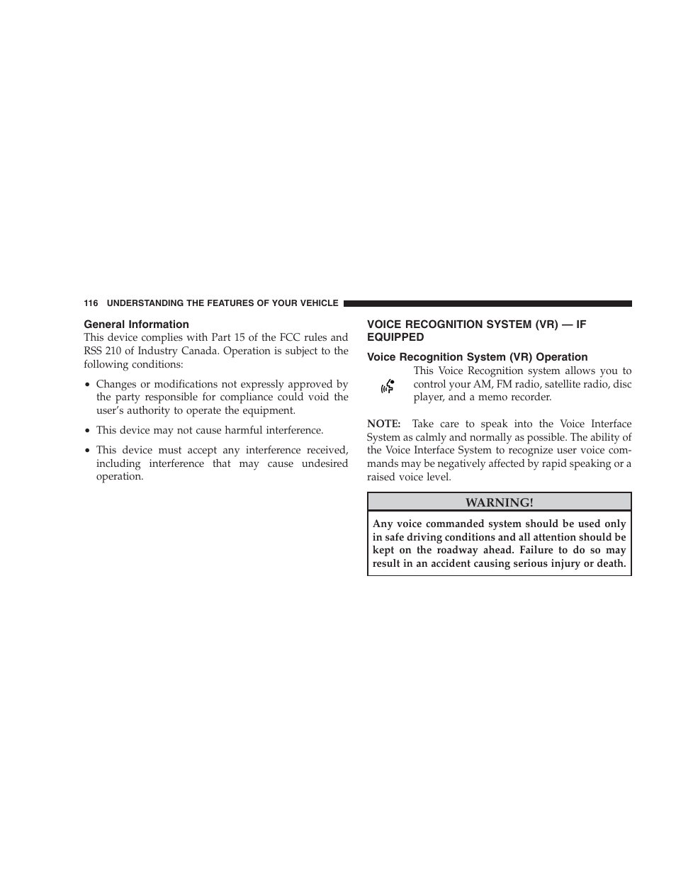 General information, Voice recognition system (vr) - if equipped, Voice recognition system (vr) operation | Jeep 2009 Commander User Manual | Page 118 / 519