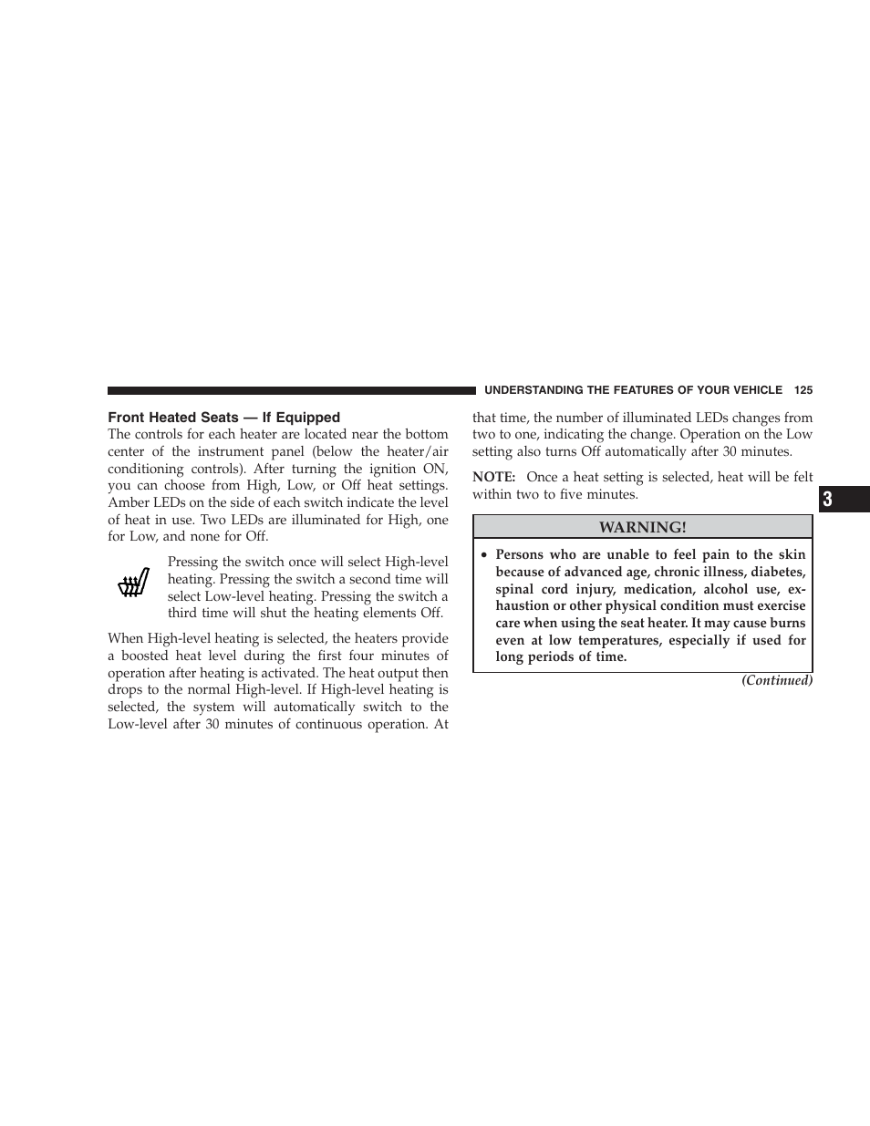 Front heated seats - if equipped | Jeep 2009 Commander User Manual | Page 127 / 519