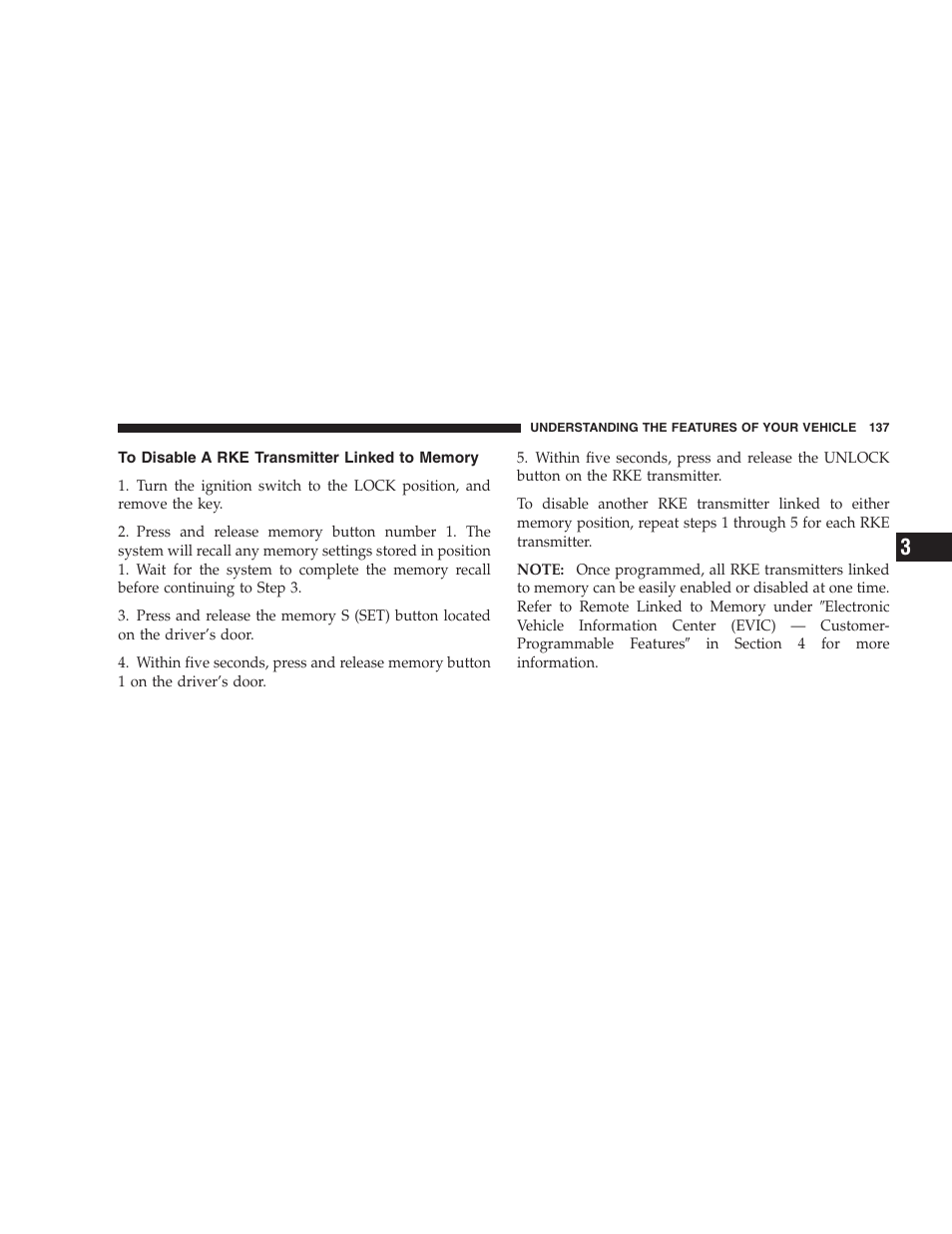 To disable a rke transmitter linked to memory | Jeep 2009 Commander User Manual | Page 139 / 519
