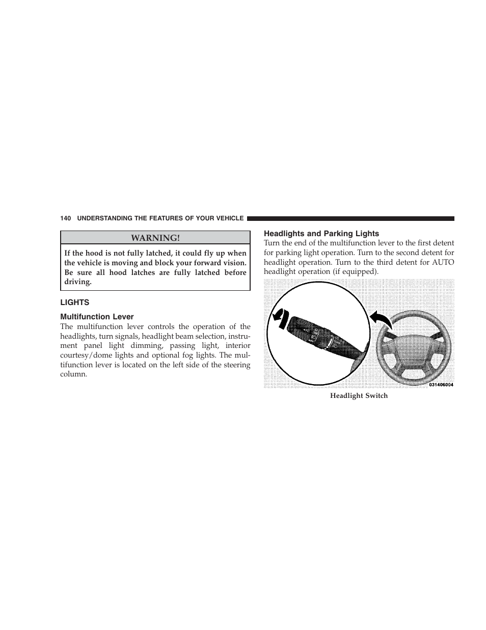 Lights, Multifunction lever, Headlights and parking lights | Jeep 2009 Commander User Manual | Page 142 / 519