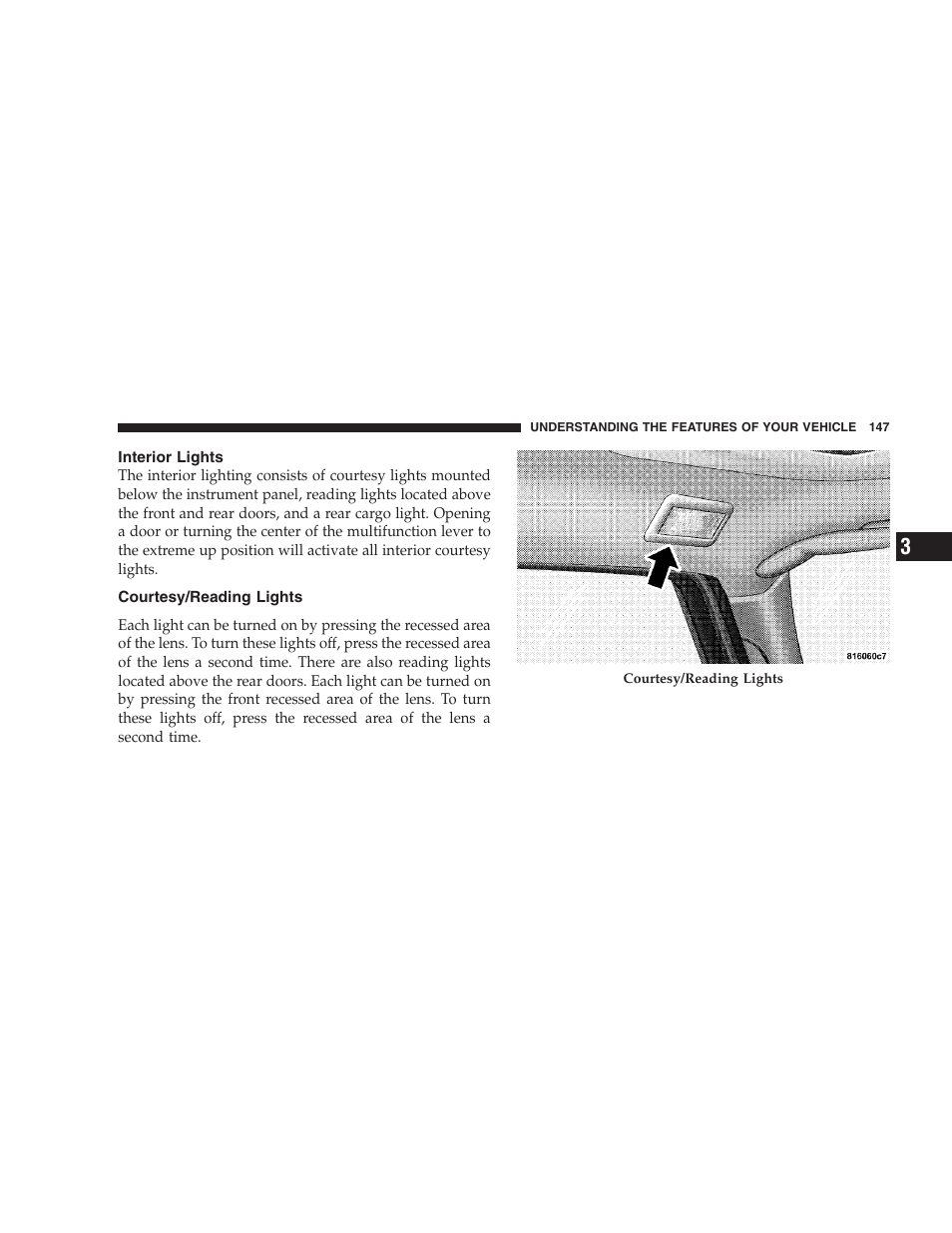 Interior lights, Courtesy/reading lights | Jeep 2009 Commander User Manual | Page 149 / 519