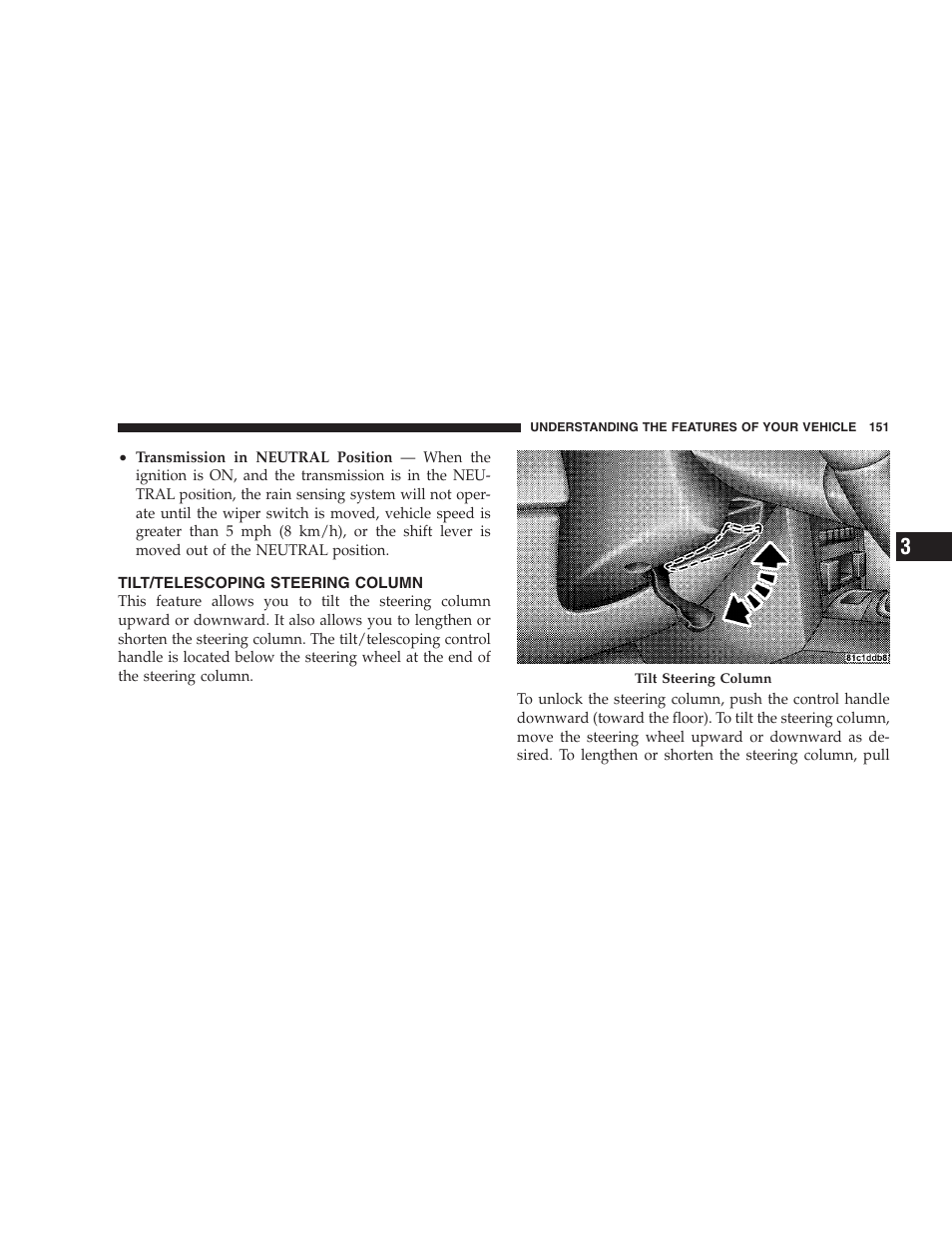 Tilt/telescoping steering column | Jeep 2009 Commander User Manual | Page 153 / 519