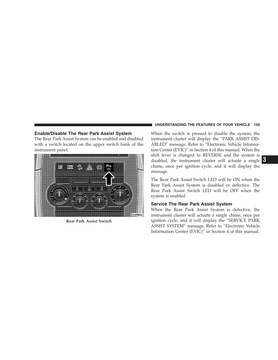 Enable/disable the rear park assist system, Service the rear park assist system | Jeep 2009 Commander User Manual | Page 161 / 519