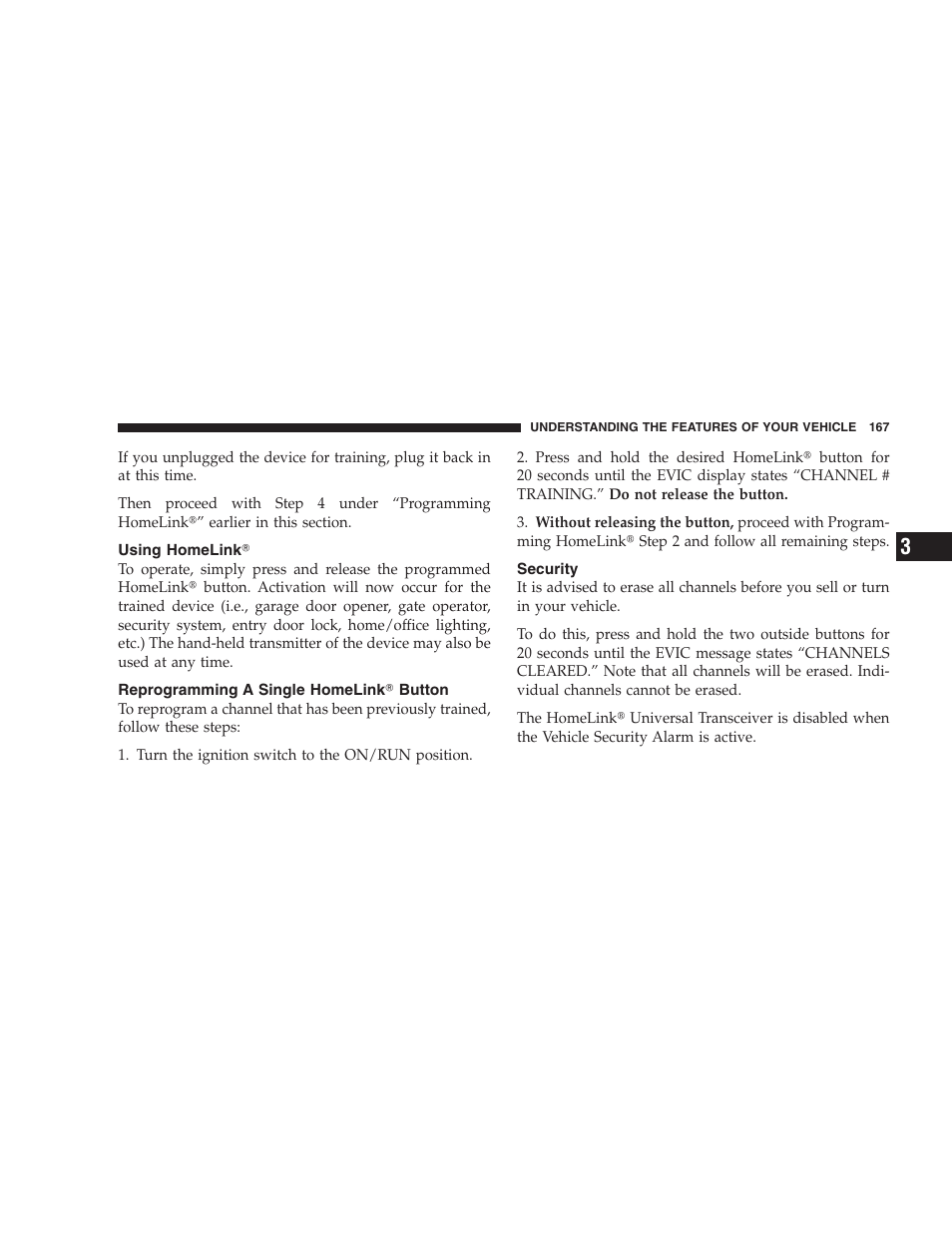 Using homelink, Reprogramming a single homelink button, Security | Jeep 2009 Commander User Manual | Page 169 / 519