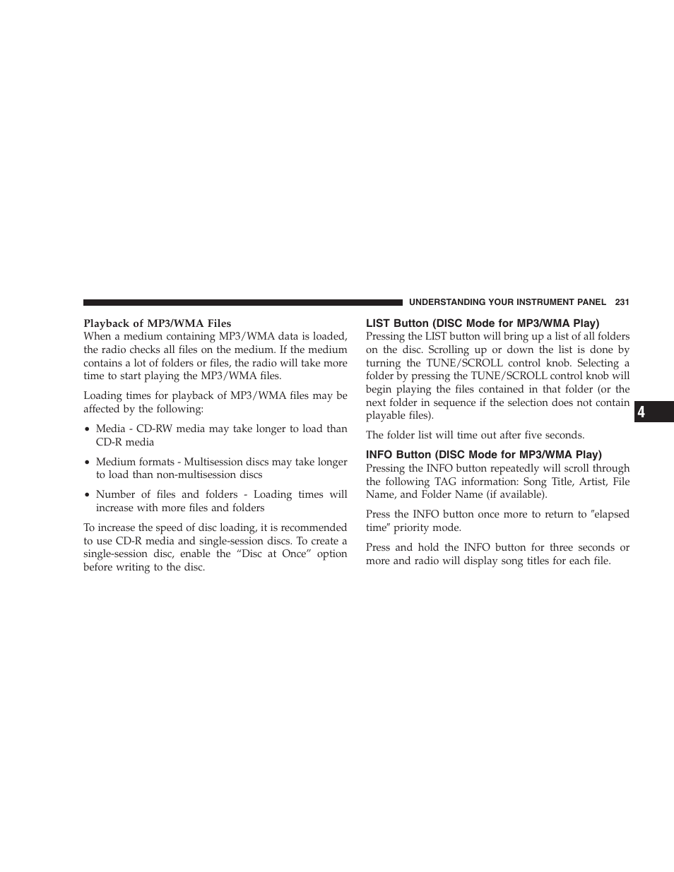 List button (disc mode for mp3/wma play), Info button (disc mode for mp3/wma play) | Jeep 2009 Commander User Manual | Page 233 / 519