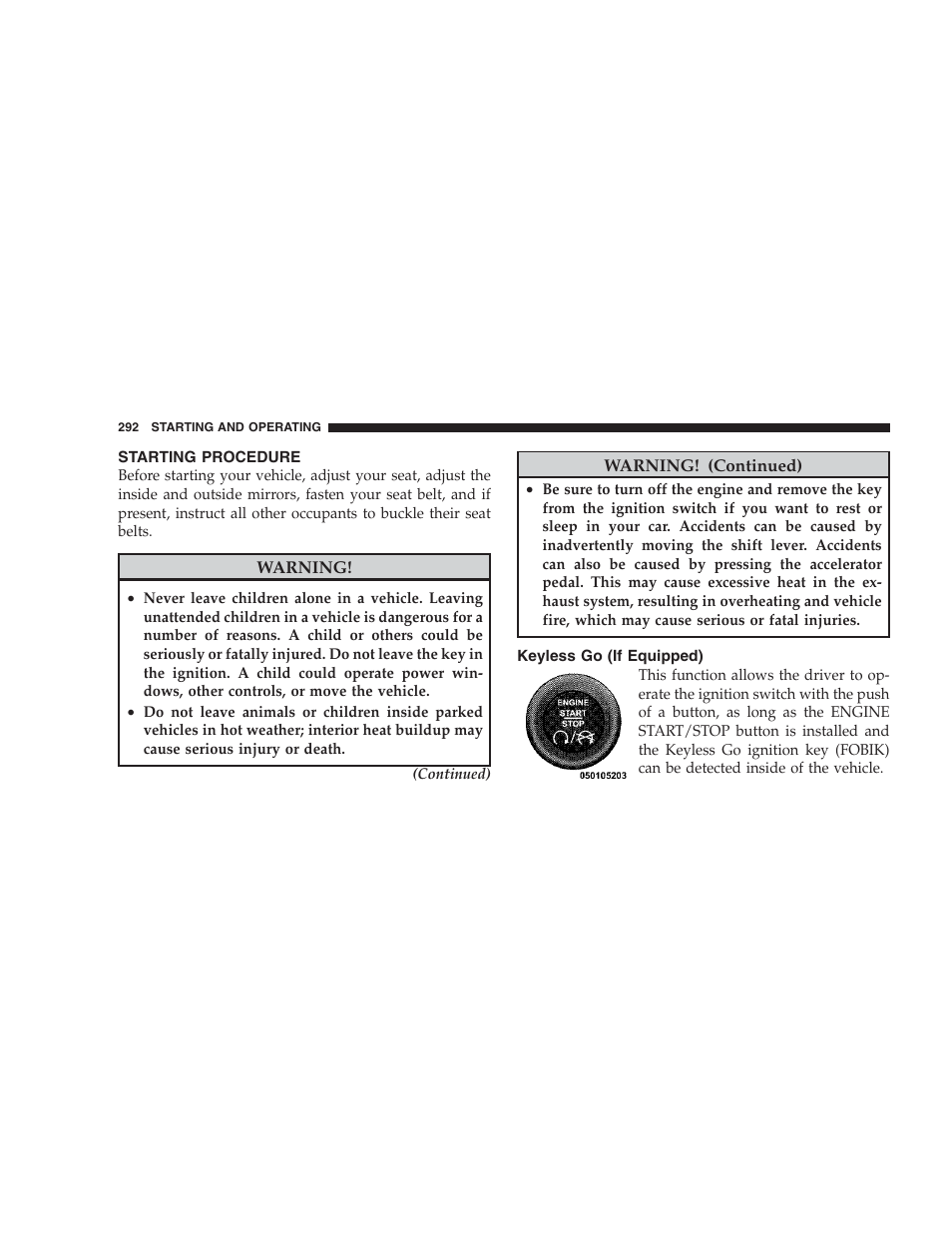 Starting procedure, Keyless go (if equipped) | Jeep 2009 Commander User Manual | Page 294 / 519