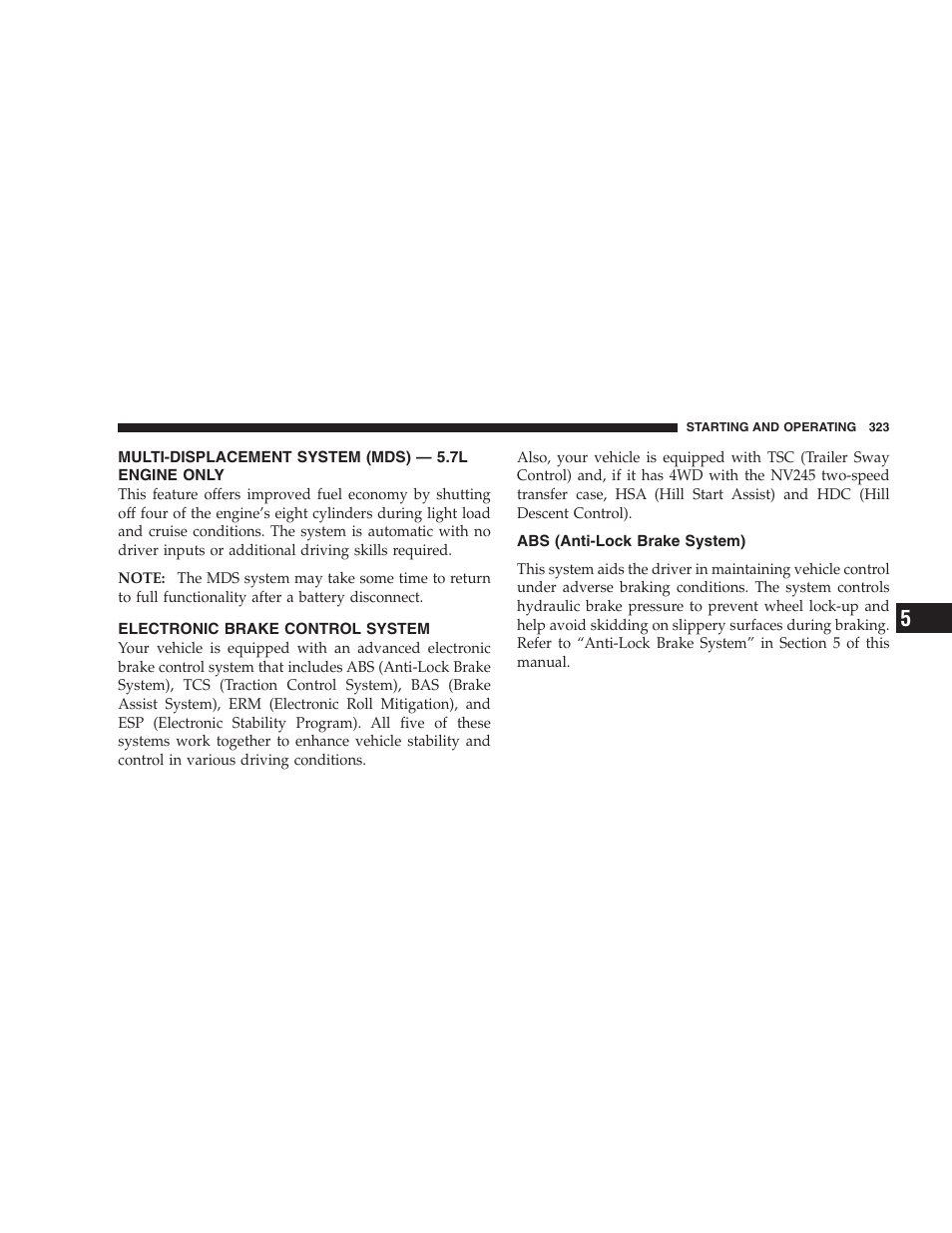 Multi-displacement system (mds) - 5.7l engine only, Electronic brake control system, Abs (anti-lock brake system) | Jeep 2009 Commander User Manual | Page 325 / 519