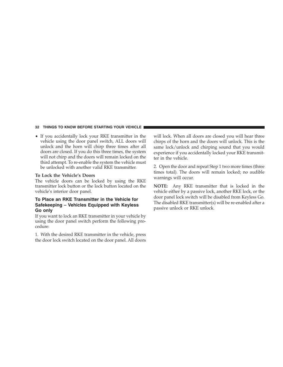 To place an rke transmitter in the vehicle | Jeep 2009 Commander User Manual | Page 34 / 519