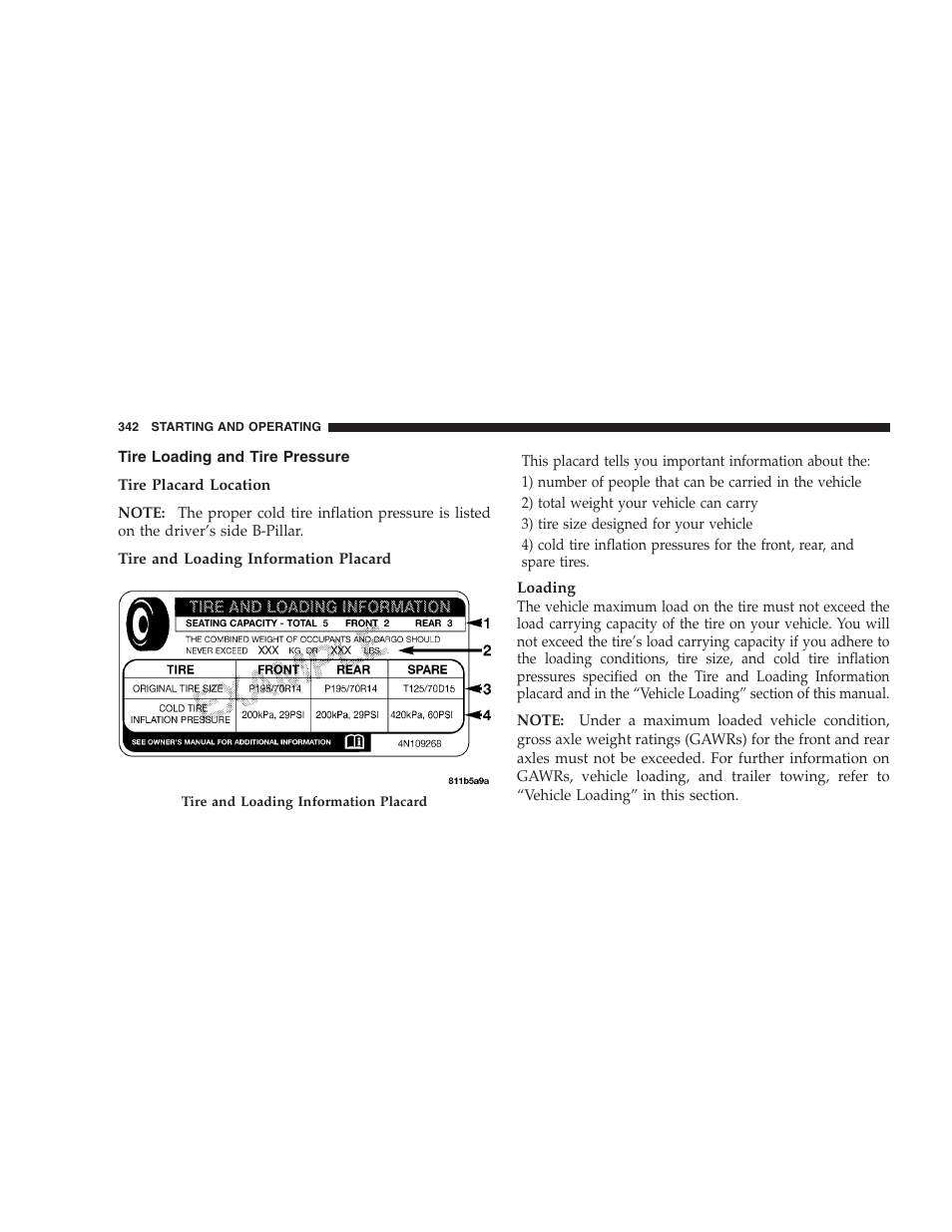 Tire loading and tire pressure | Jeep 2009 Commander User Manual | Page 344 / 519