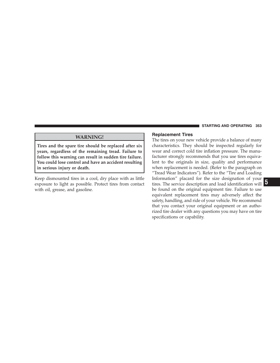 Replacement tires | Jeep 2009 Commander User Manual | Page 355 / 519