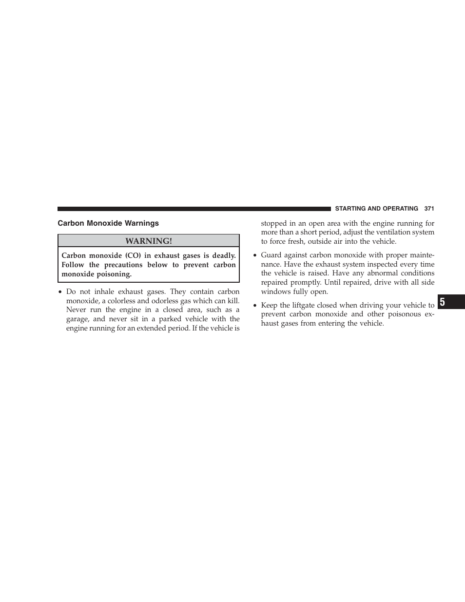 Carbon monoxide warnings | Jeep 2009 Commander User Manual | Page 373 / 519