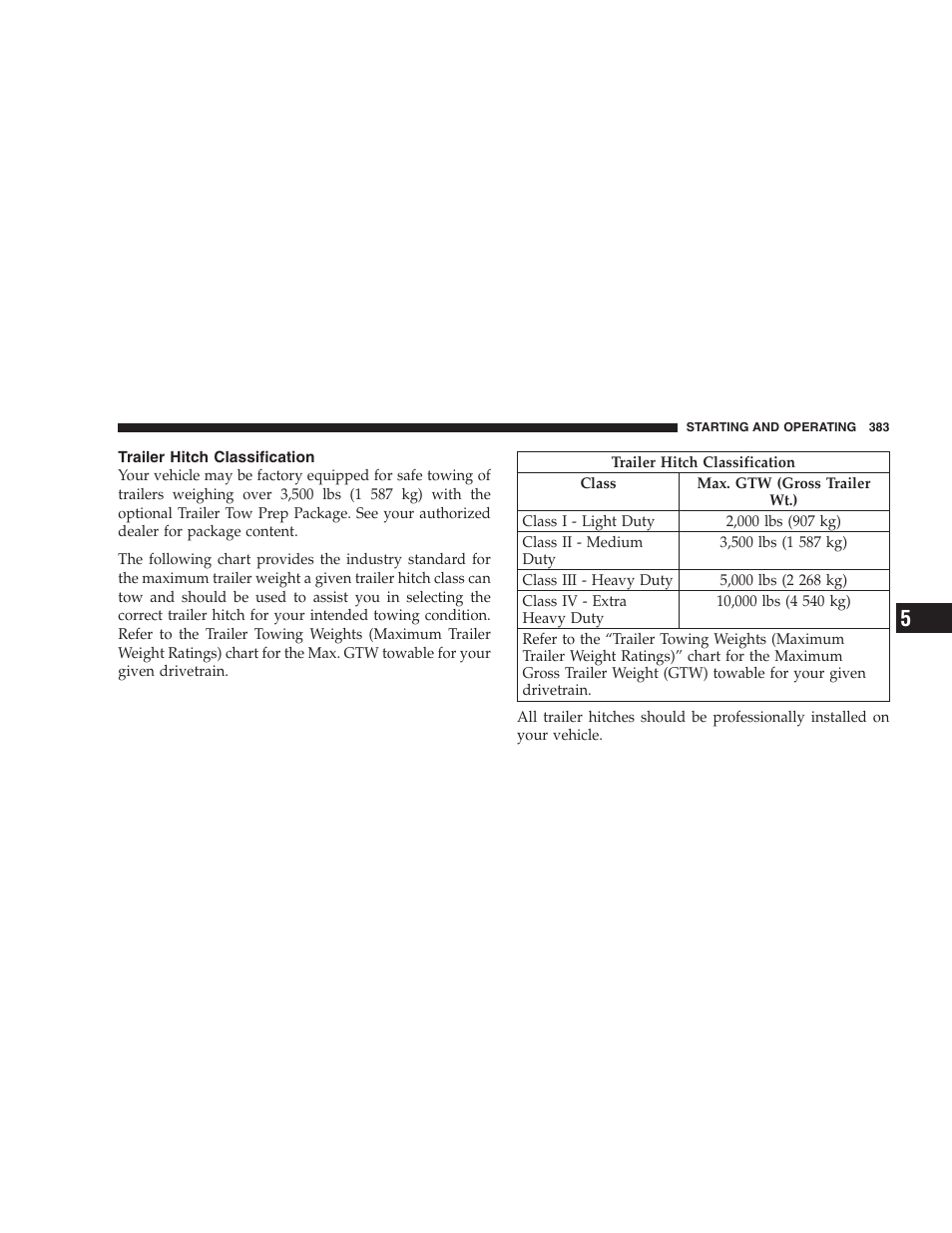 Trailer hitch classification | Jeep 2009 Commander User Manual | Page 385 / 519