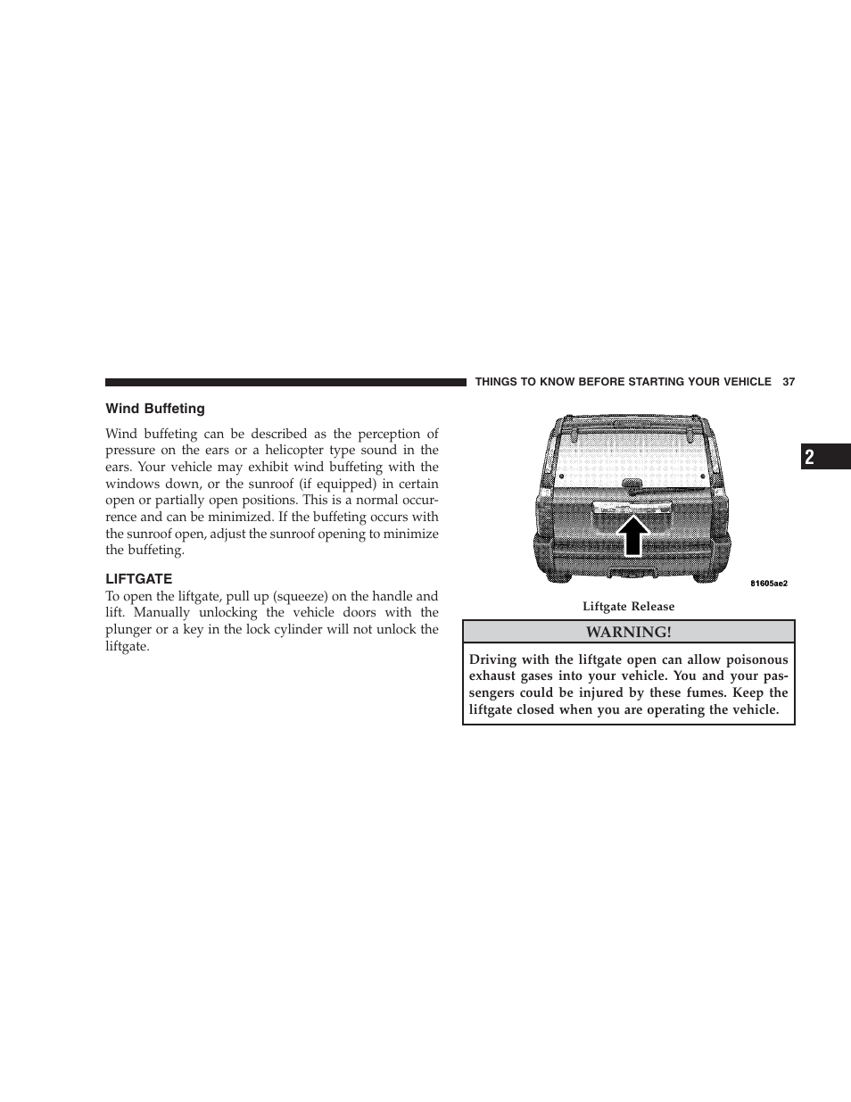 Wind buffeting, Liftgate | Jeep 2009 Commander User Manual | Page 39 / 519