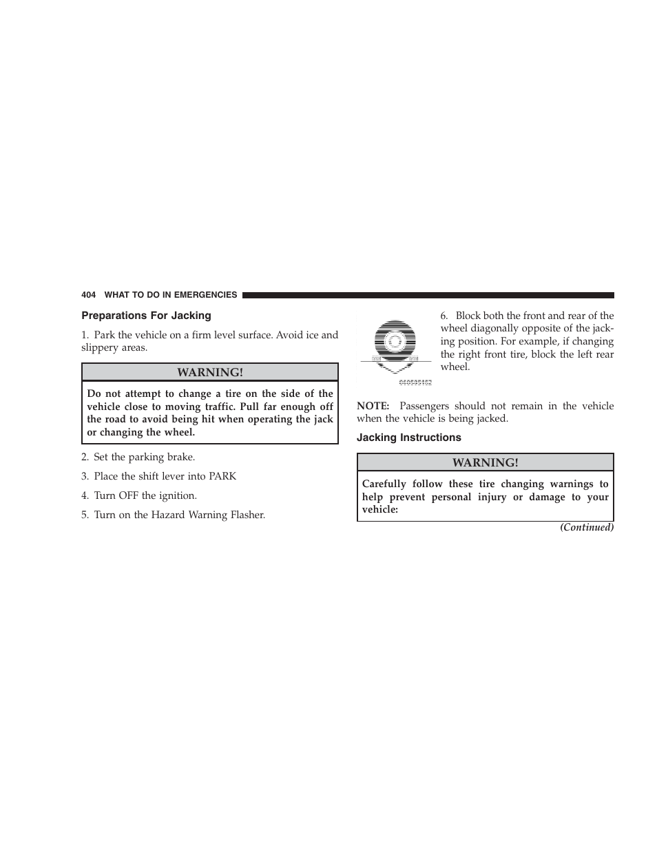 Preparations for jacking, Jacking instructions | Jeep 2009 Commander User Manual | Page 406 / 519