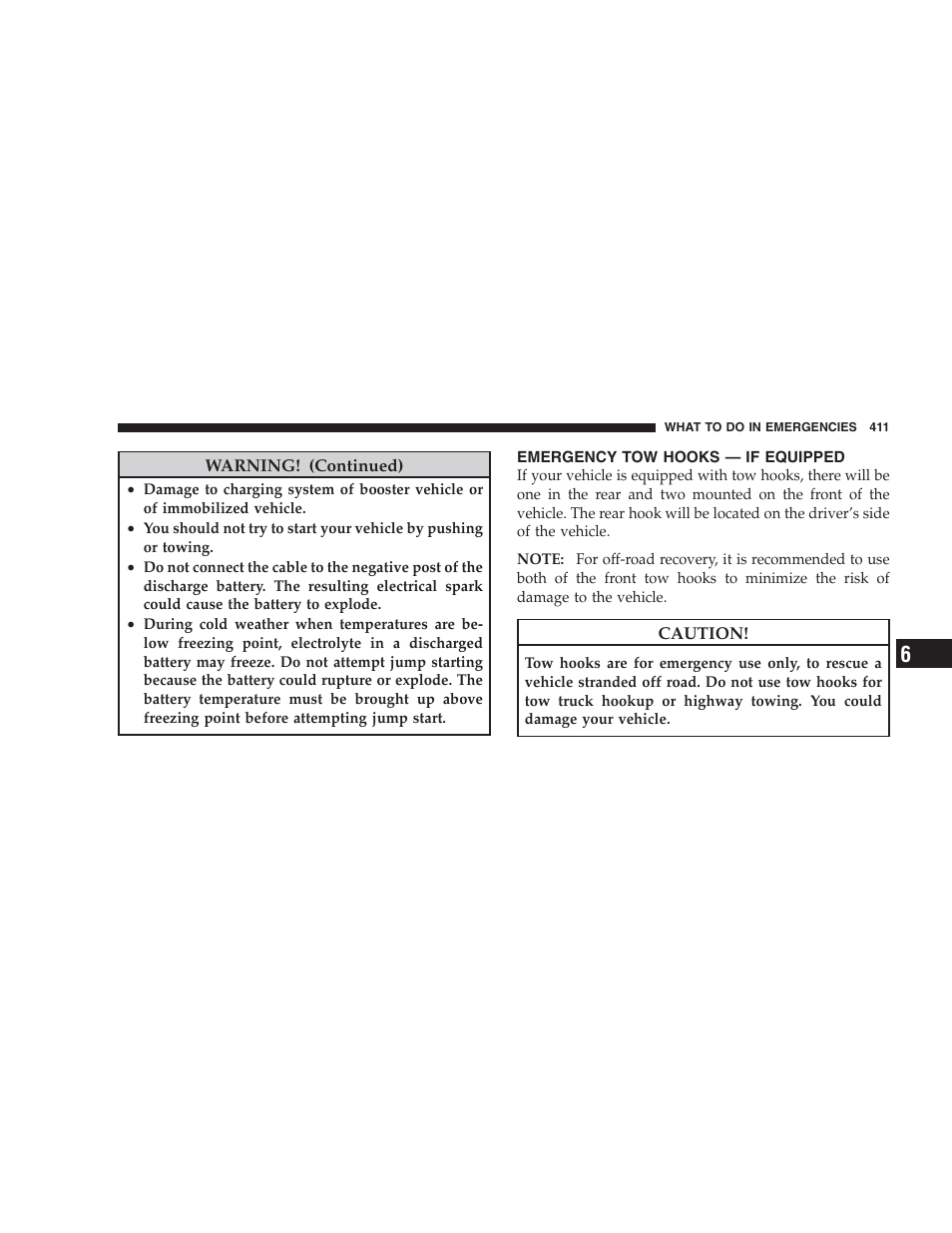 Emergency tow hooks - if equipped, Emergency tow hooks — if equipped | Jeep 2009 Commander User Manual | Page 413 / 519
