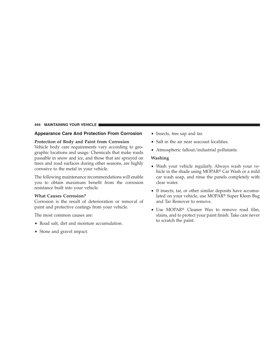 Appearance care and protection from corrosion, Appearance care and protection from, Corrosion | Jeep 2009 Commander User Manual | Page 446 / 519