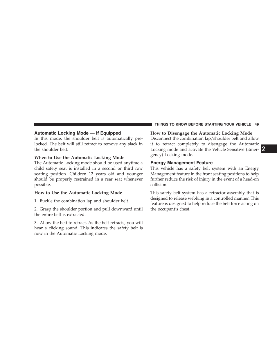 Automatic locking mode - if equipped, Energy management feature | Jeep 2009 Commander User Manual | Page 51 / 519