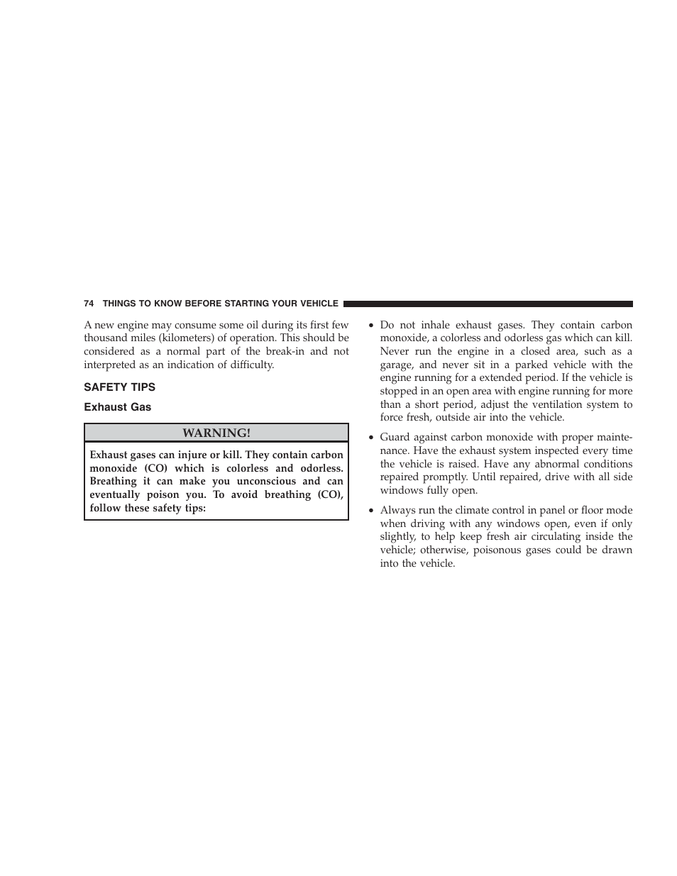 Safety tips, Exhaust gas | Jeep 2009 Commander User Manual | Page 76 / 519