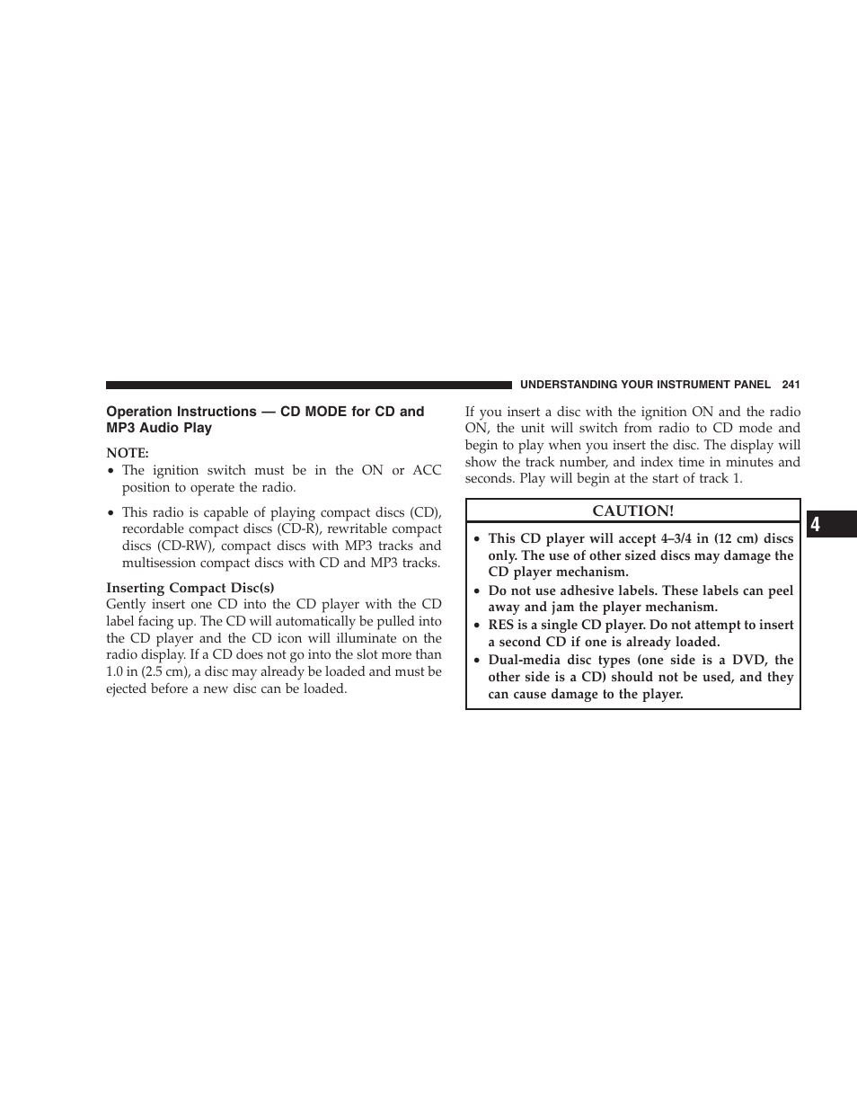 Operation instructions — cd mode for cd, And mp3 audio play | Jeep 2009 Grand Cherokee - Owner Manual User Manual | Page 243 / 521