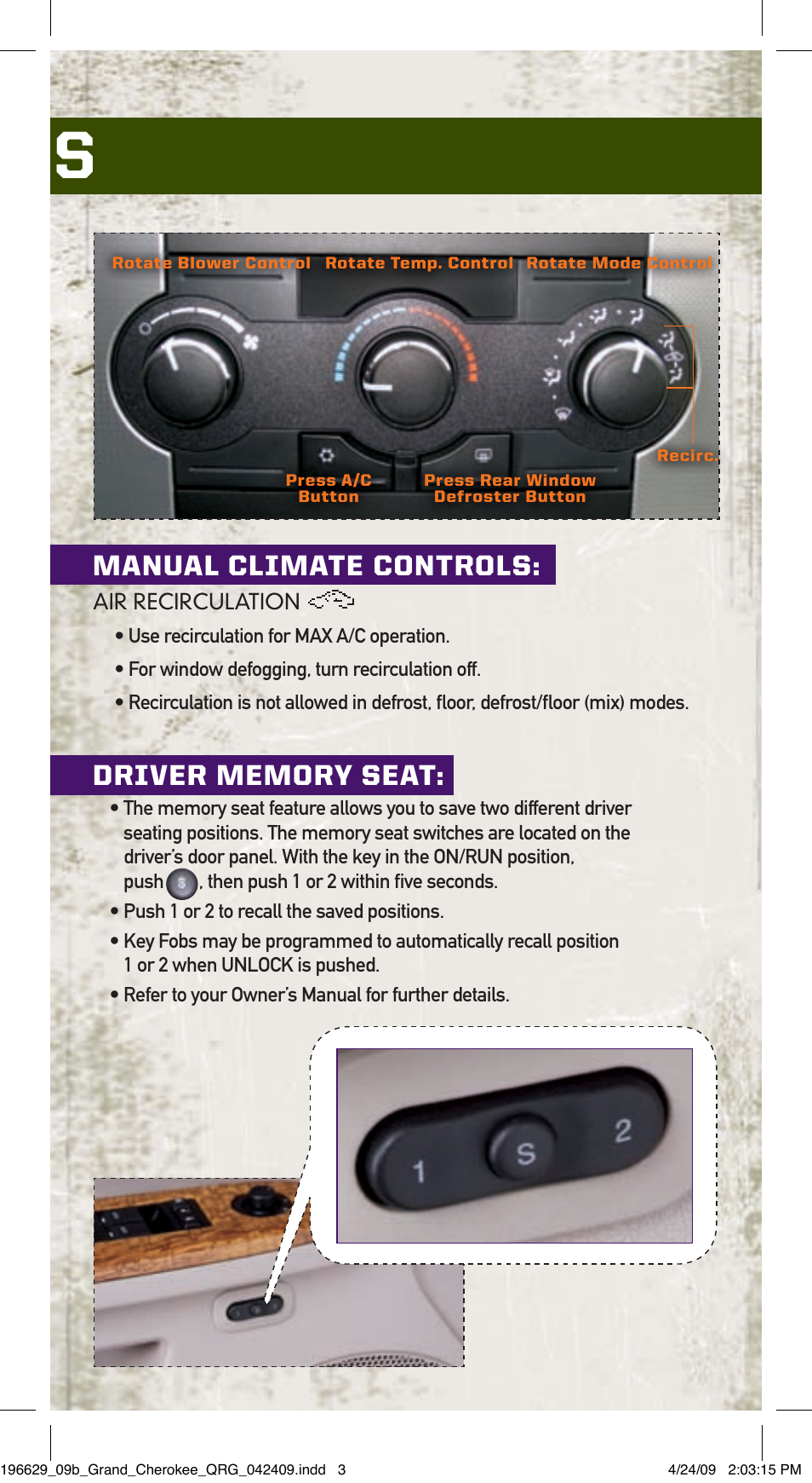 Vehicle features, Manual climate controls | Jeep 2009 Grand Cherokee SRT - Quick Reference Guide User Manual | Page 3 / 12