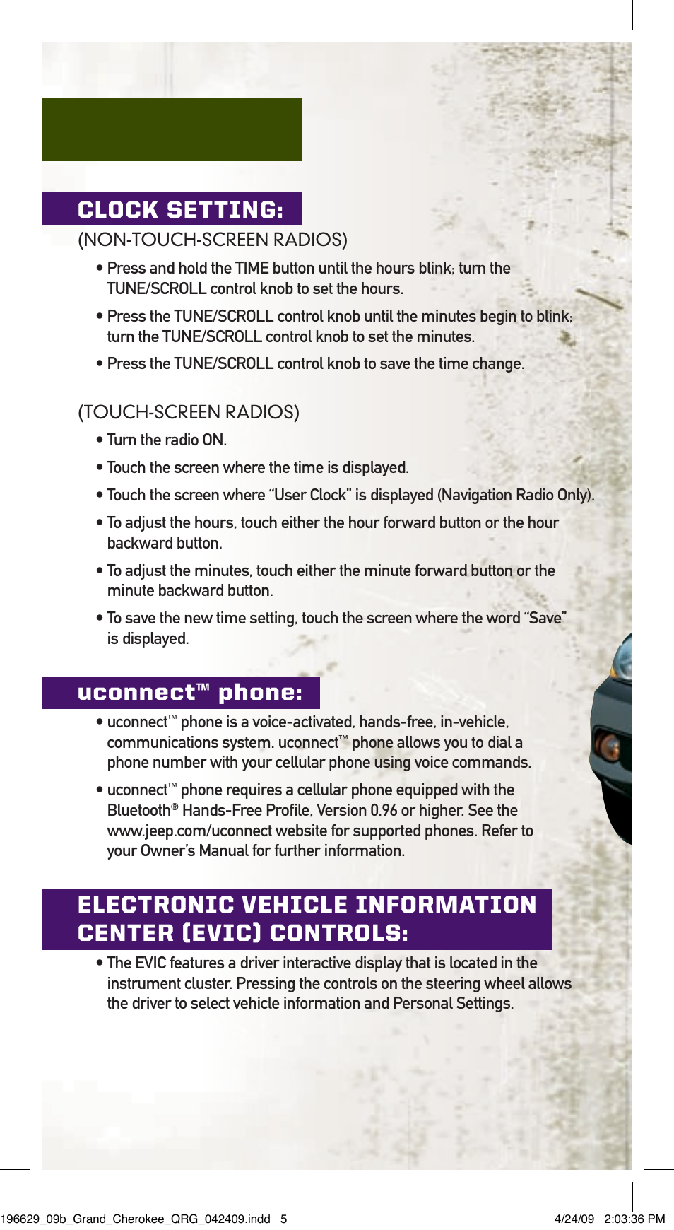 Clock setting, Uconnect™ phone | Jeep 2009 Grand Cherokee SRT - Quick Reference Guide User Manual | Page 5 / 12