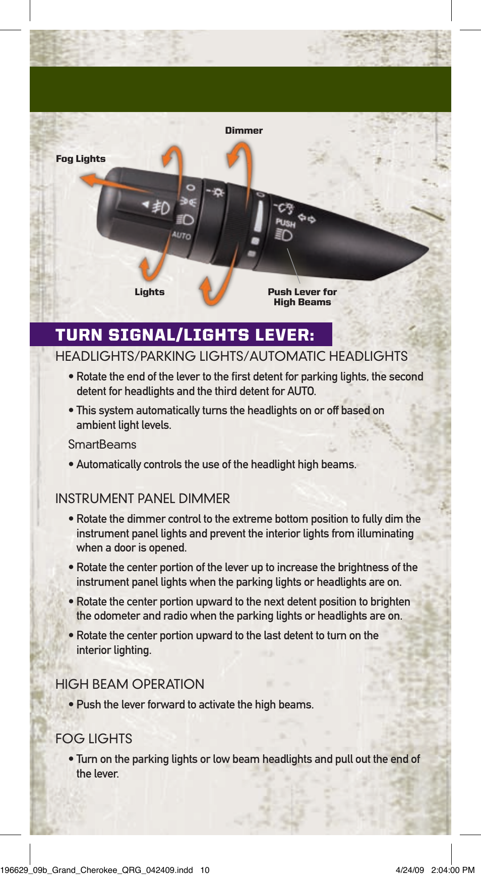 Turn signal/lights lever | Jeep 2009 Grand Cherokee SRT - Quick Reference Guide User Manual | Page 9 / 12