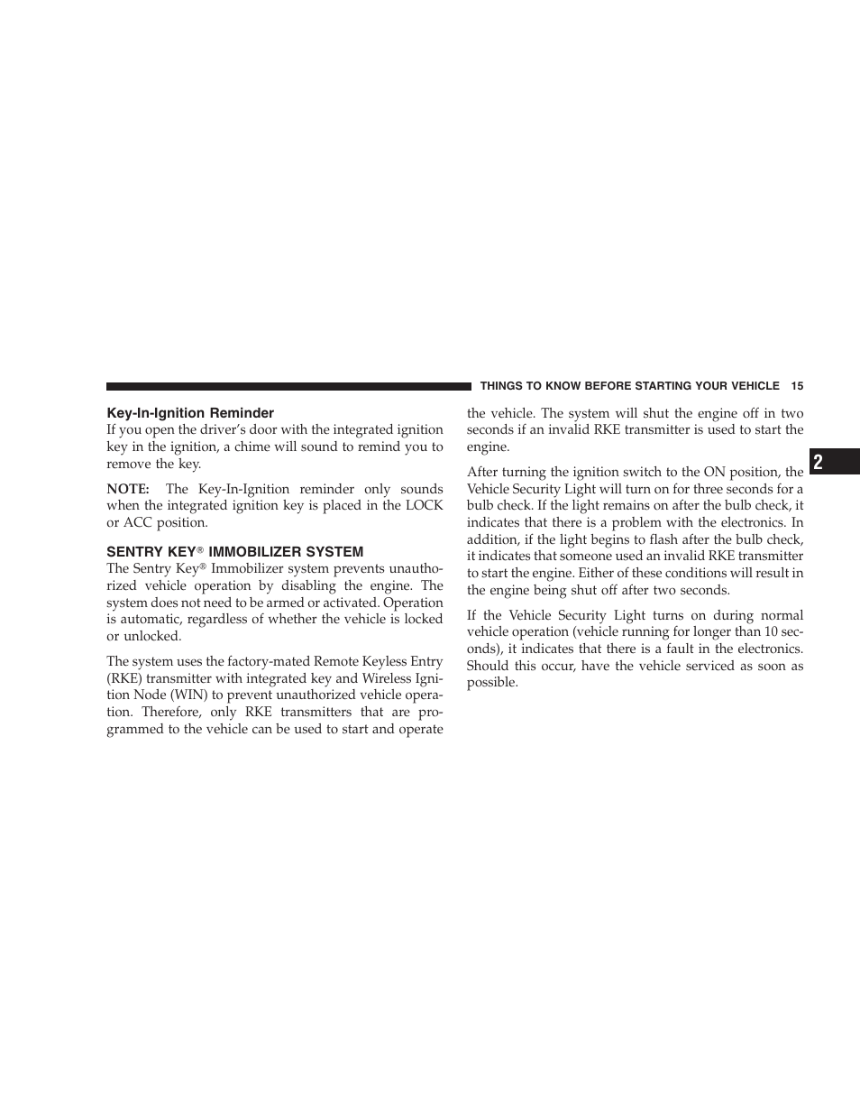 Key-in-ignition reminder, Sentry key immobilizer system, Sentry key௡ immobilizer system | Jeep 2009 Grand Cherokee SRT - Owner Manual User Manual | Page 17 / 439