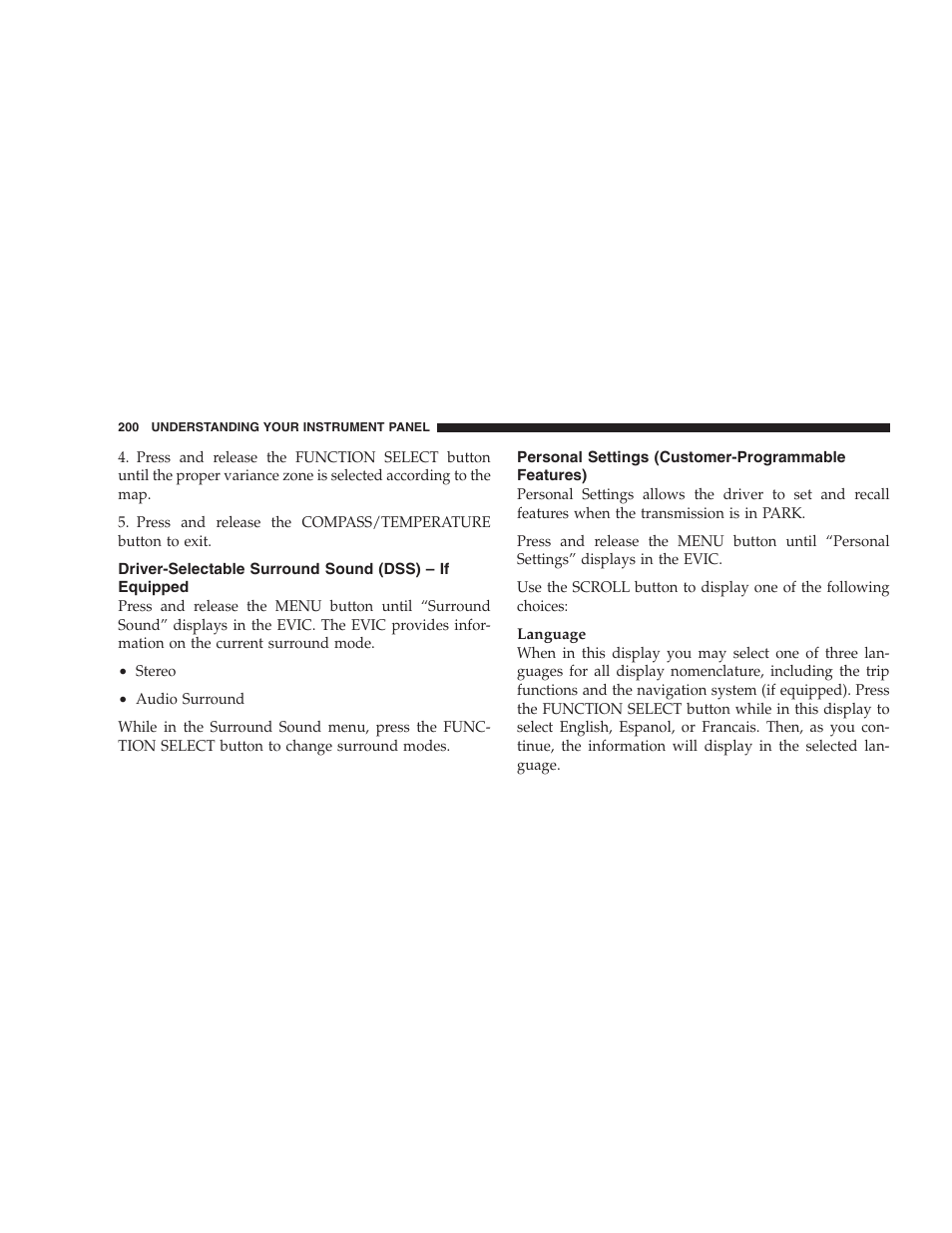 Personal settings (customer-programmable features), Driver-selectable surround sound (dss) – if, Equipped | Personal settings (customer-programmable, Features) | Jeep 2009 Grand Cherokee SRT - Owner Manual User Manual | Page 202 / 439